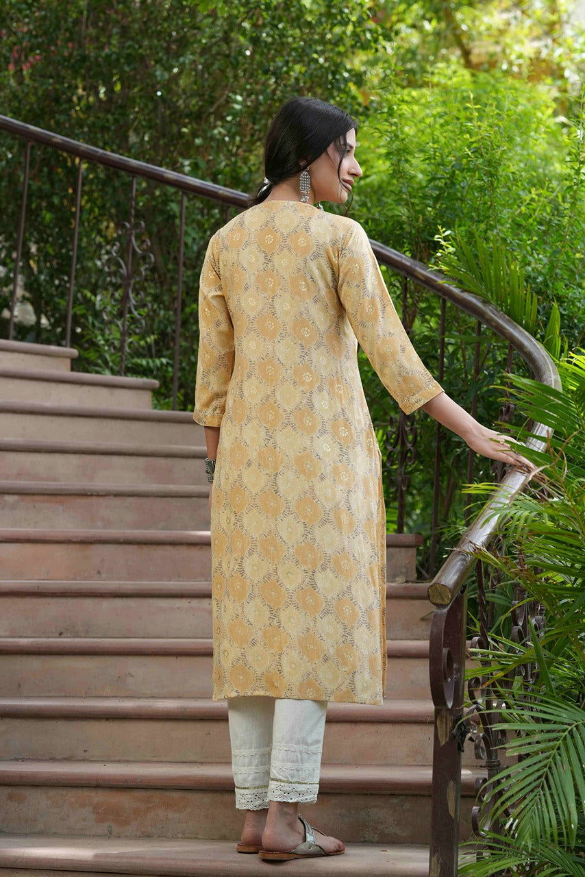 Juniper Beige Ethnic Motif Printed & Embroidered Muslin Kurta 