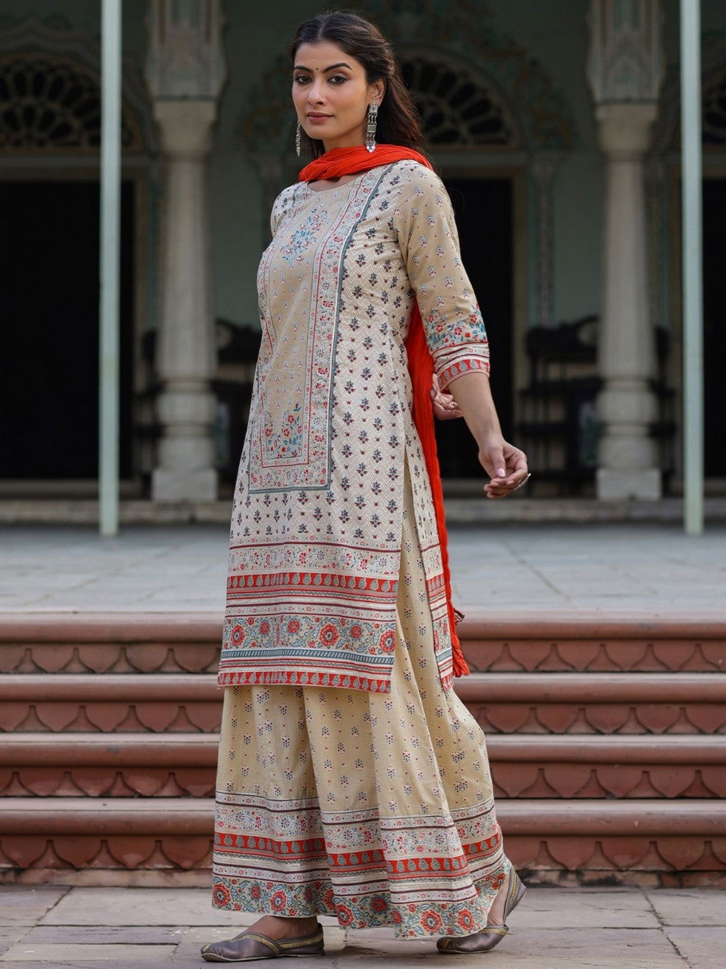 Juniper Beige Ethnic Motif Printed Pure Cotton Kurta Sharara & Dupatta Set. 