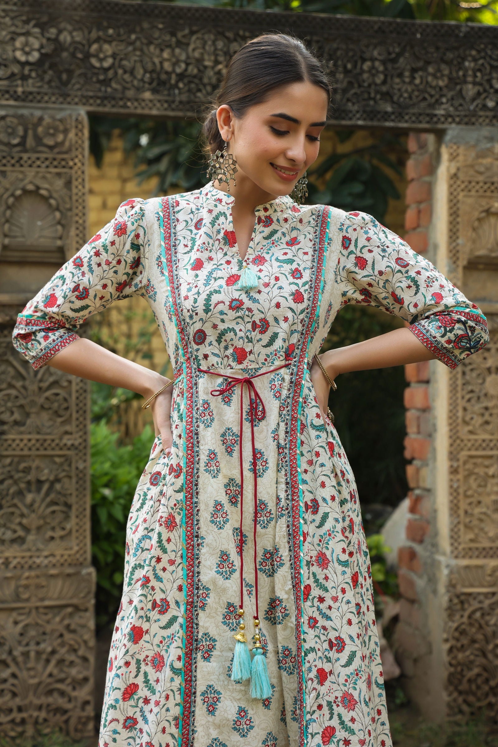 Juniper Beige Floral Printed Pure Cotton Flared Kurta. 