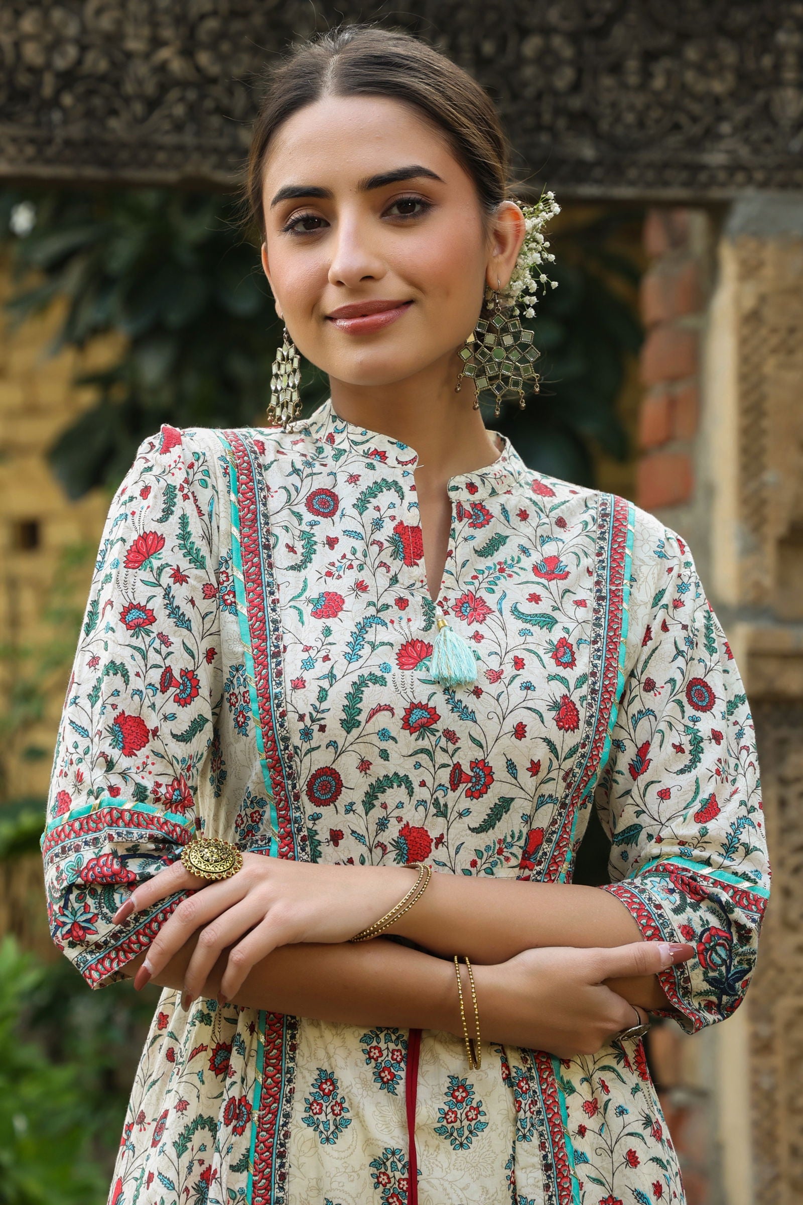 Juniper Beige Floral Printed Pure Cotton Flared Kurta. 