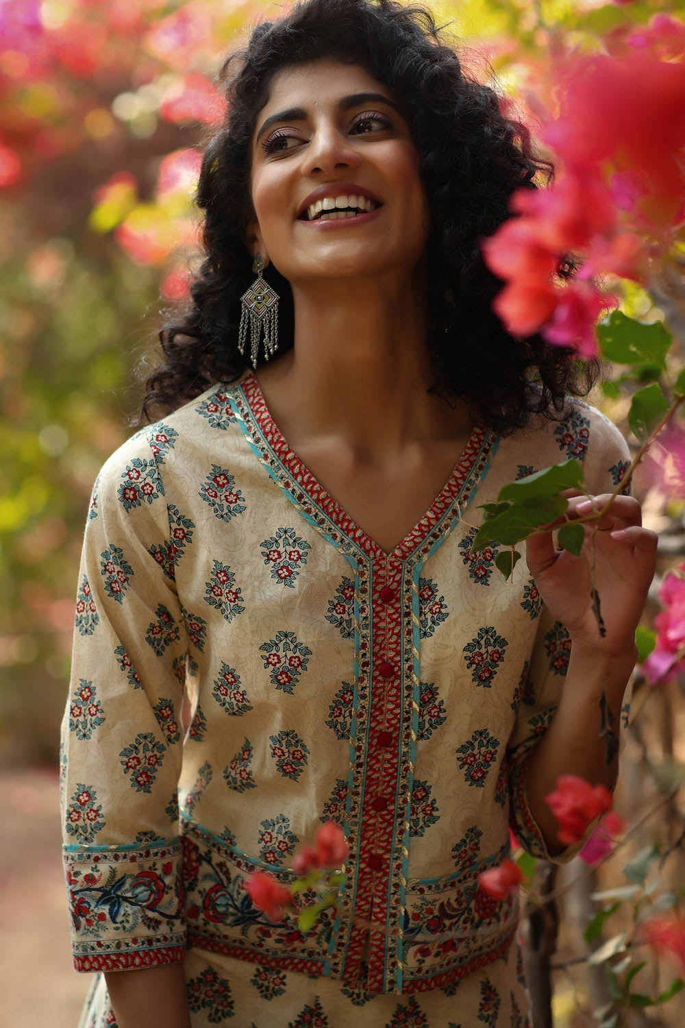 Juniper Beige Floral Printed Pure Cotton Lehenga Choli With Gota Work 