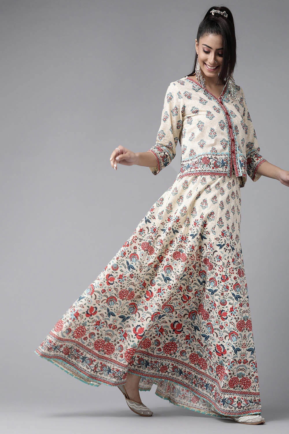 Juniper Beige Floral Printed Pure Cotton Lehenga Choli With Gota Work 