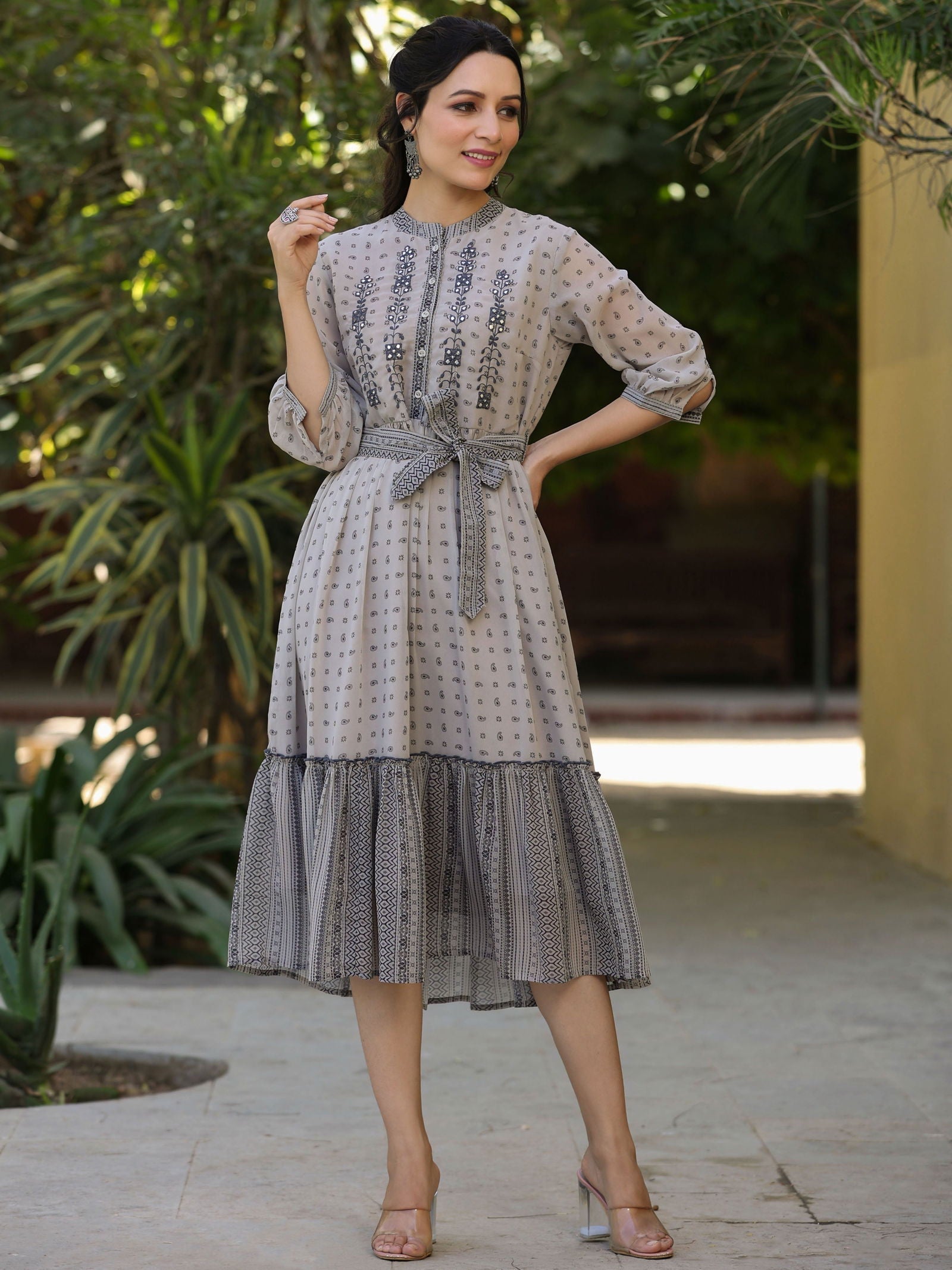 Juniper Beige Geometric Printed & Embroidered Georgette Lacy Midi Dress 