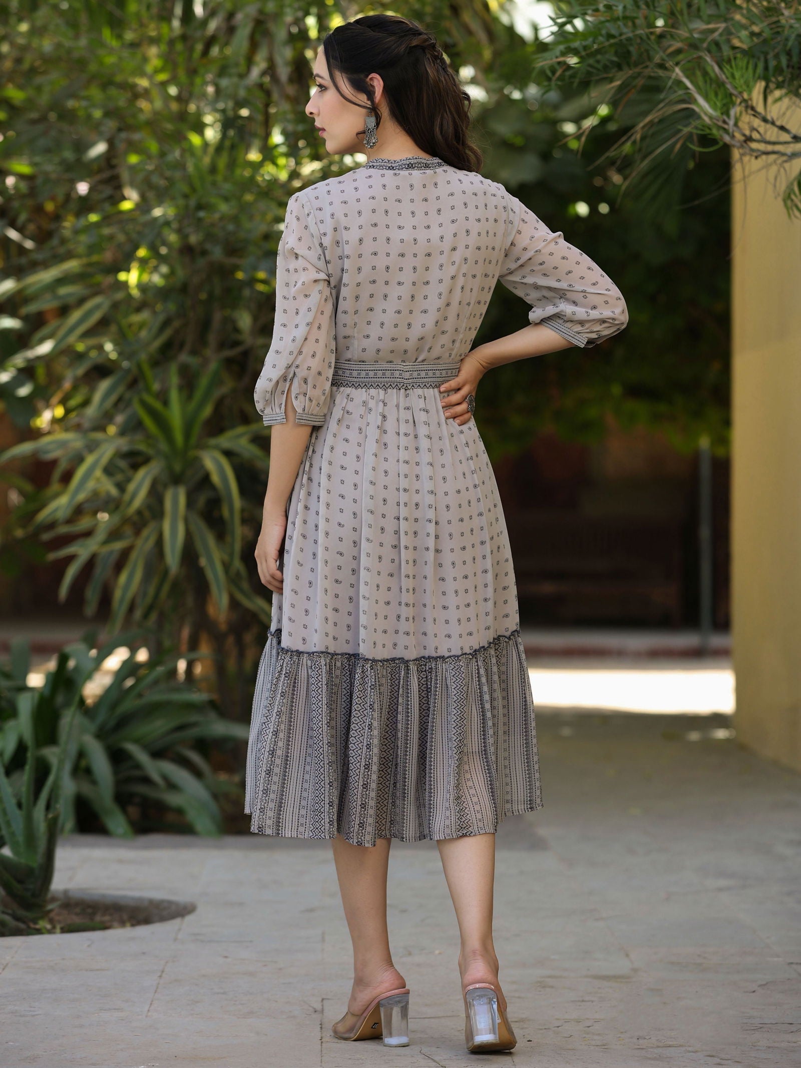 Juniper Beige Geometric Printed & Embroidered Georgette Lacy Midi Dress 