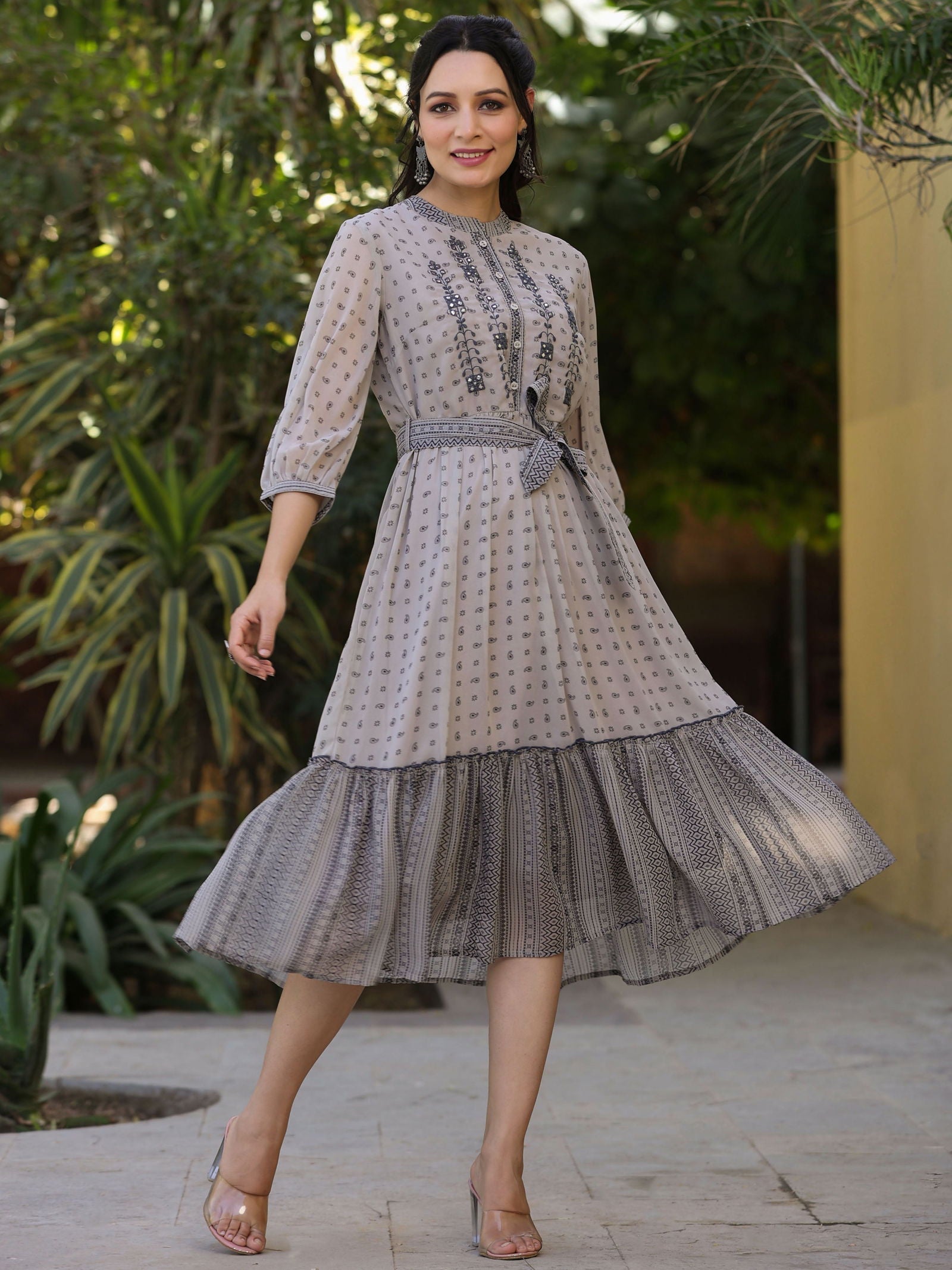 Juniper Beige Geometric Printed & Embroidered Georgette Lacy Midi Dress 