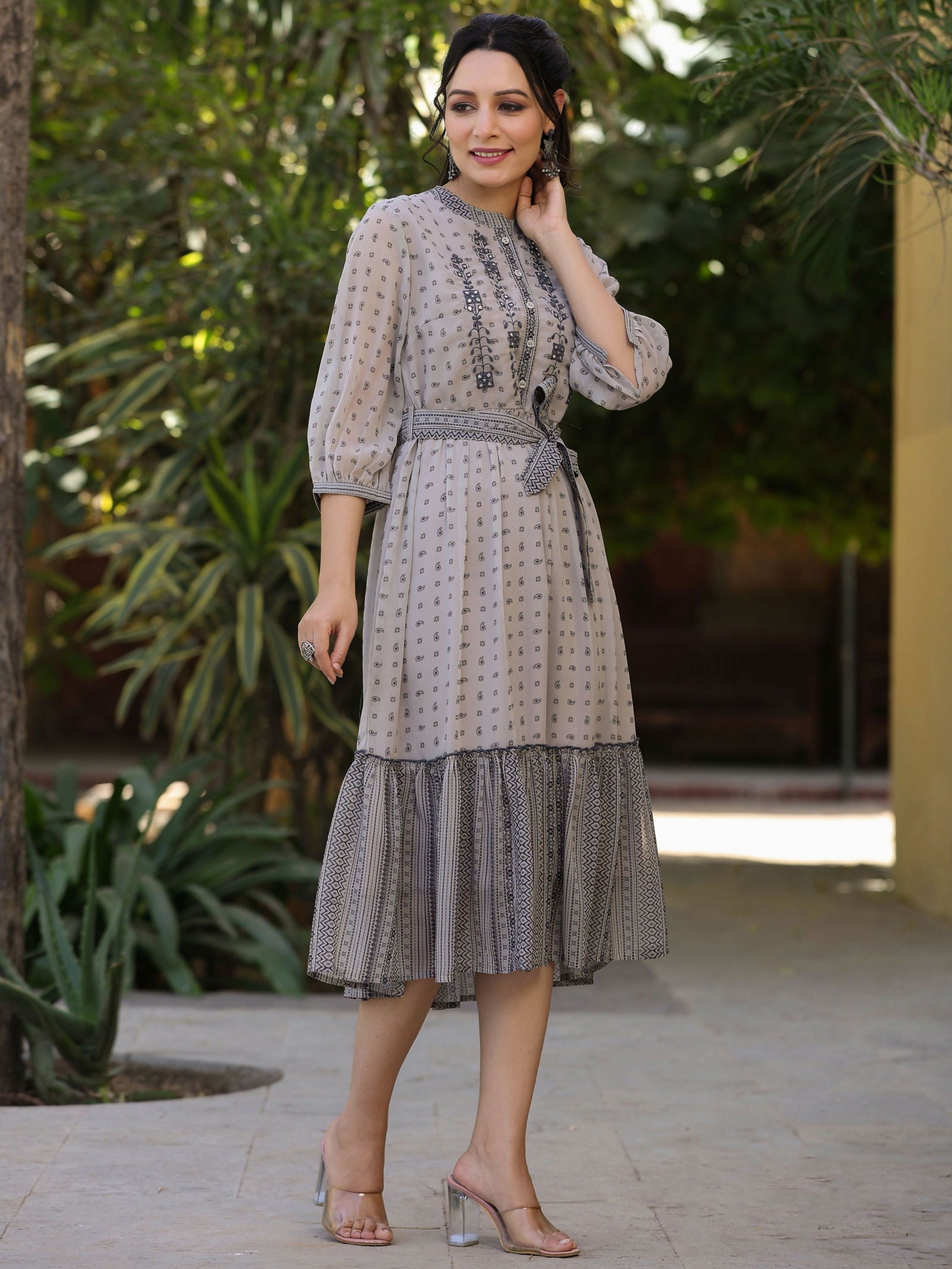 Juniper Beige Geometric Printed & Embroidered Georgette Lacy Midi Dress 