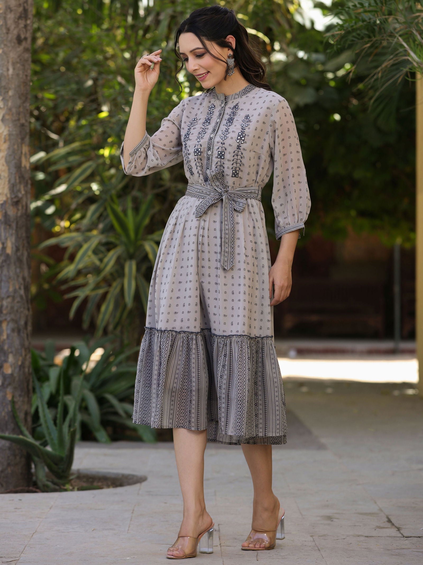 Juniper Beige Geometric Printed & Embroidered Georgette Lacy Midi Dress 