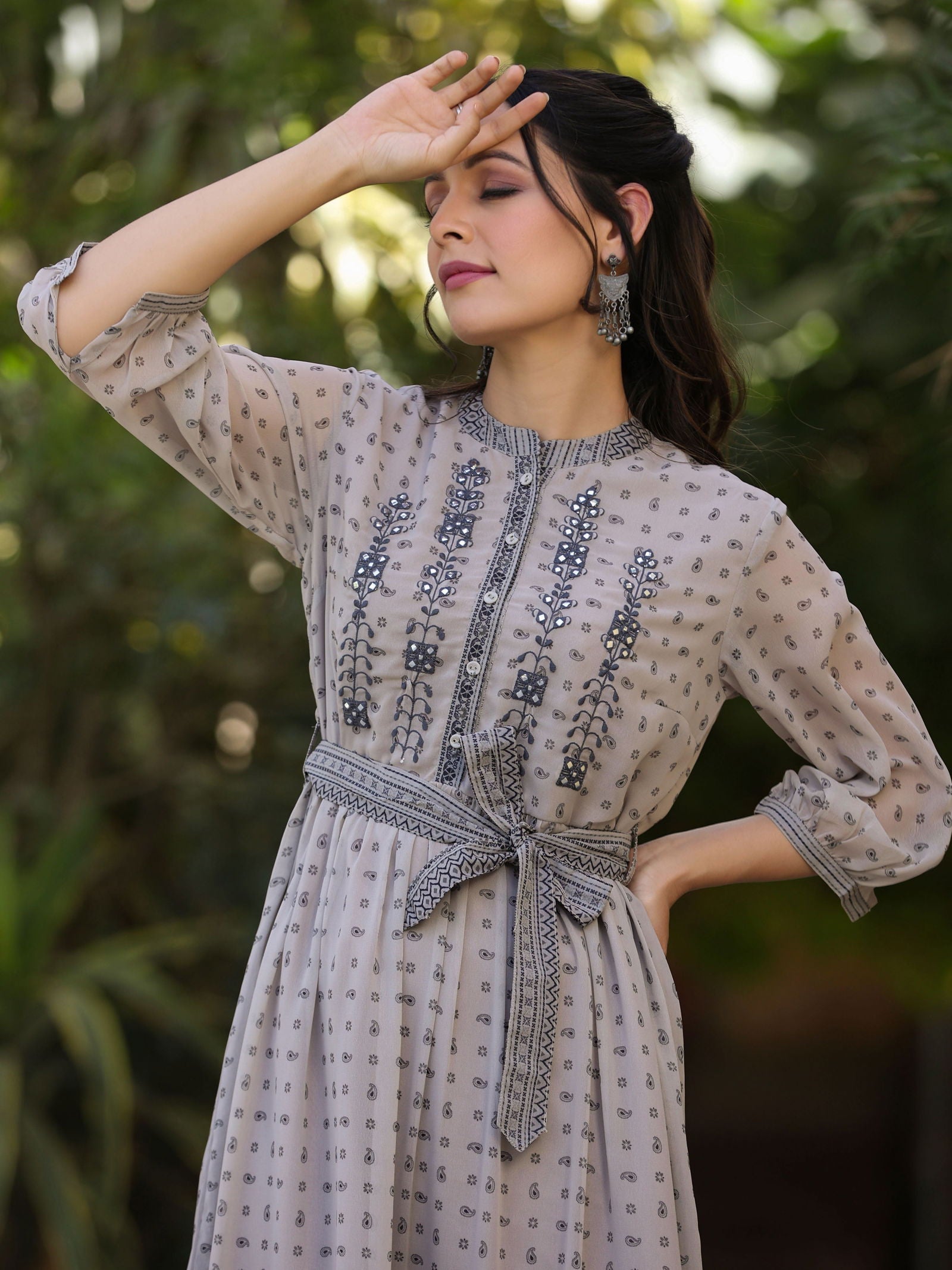 Juniper Beige Geometric Printed & Embroidered Georgette Lacy Midi Dress 