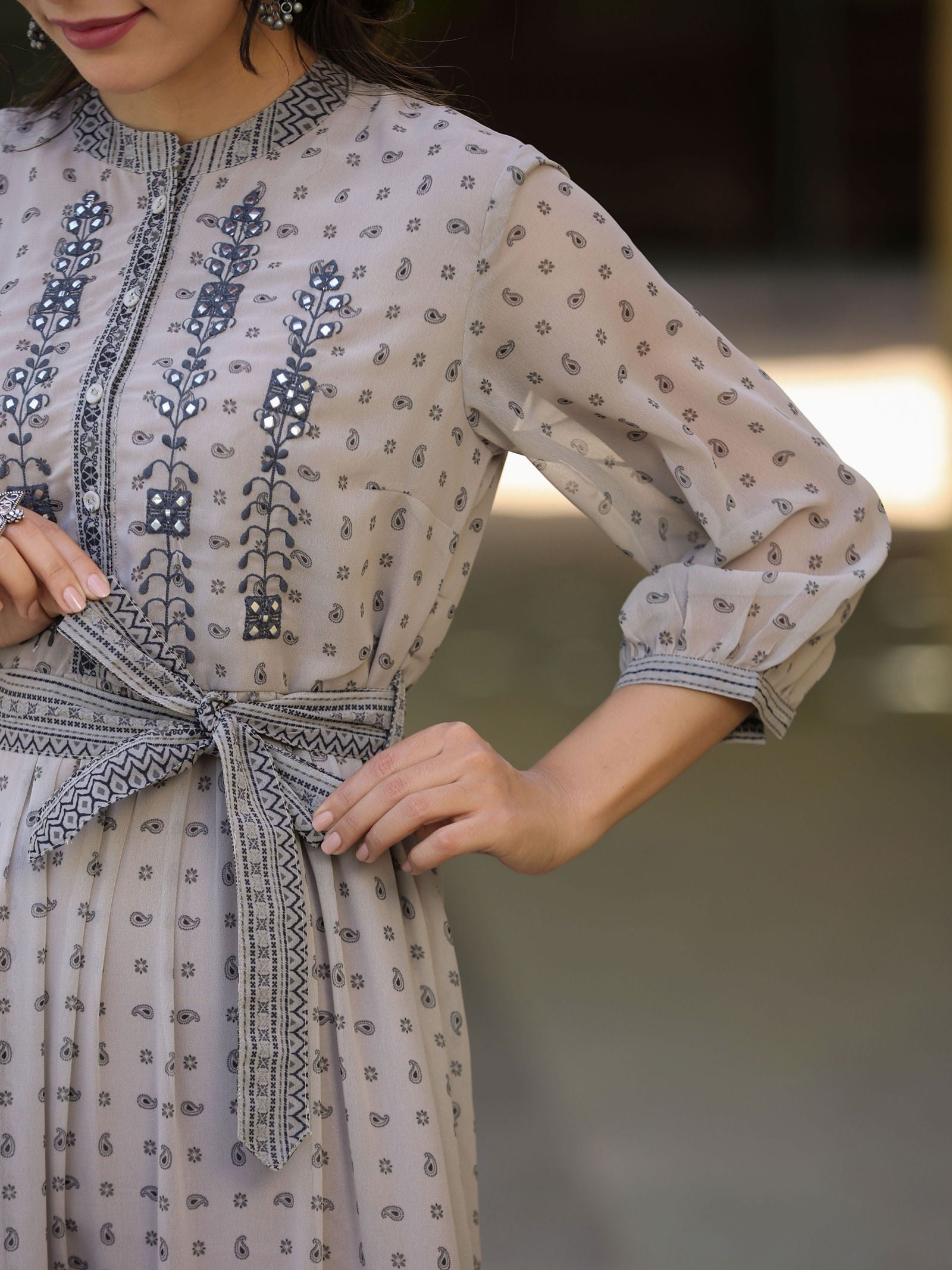 Juniper Beige Geometric Printed & Embroidered Georgette Lacy Midi Dress 