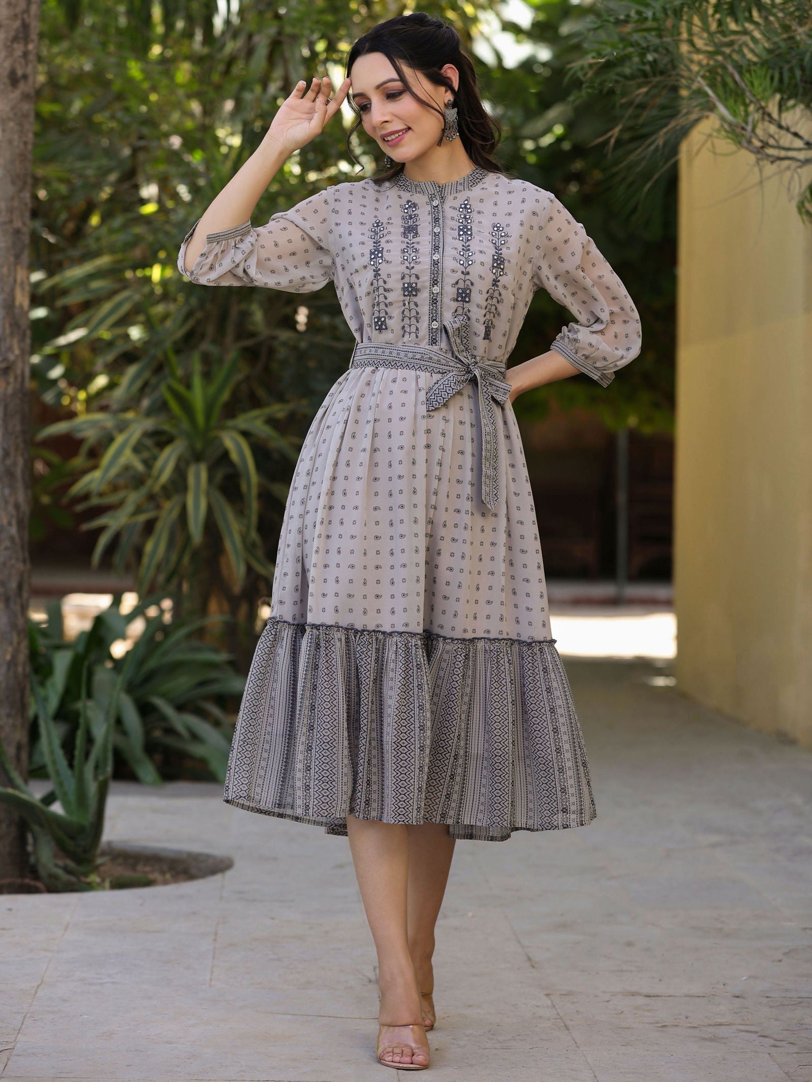 Juniper Beige Geometric Printed & Embroidered Georgette Lacy Midi Dress 