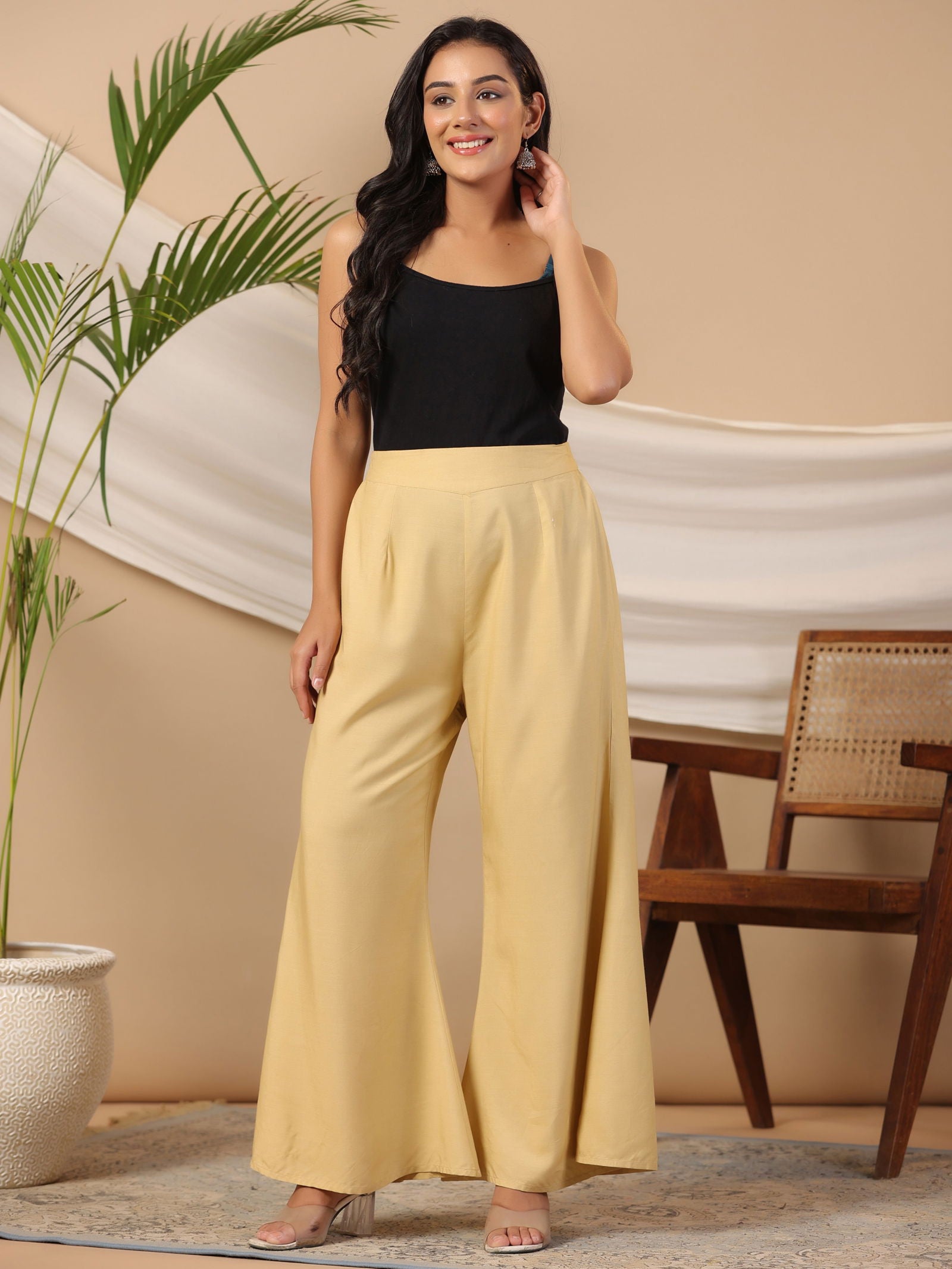 Juniper Beige Modal Rayon Women Partially Elasticated Bell Bottom Pants With Single Side Pocket 