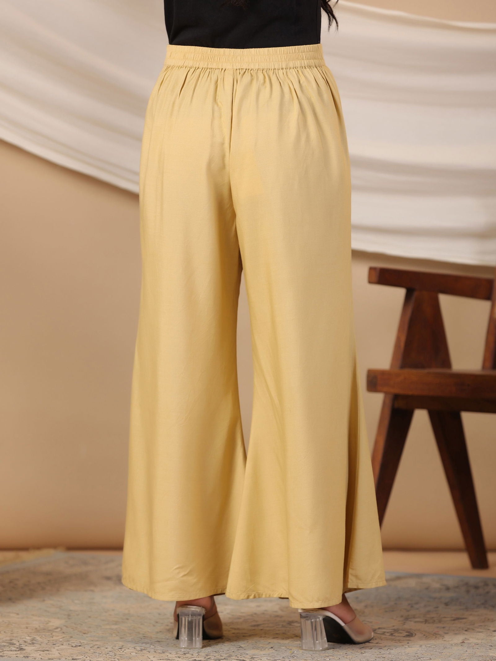 Juniper Beige Modal Rayon Women Partially Elasticated Bell Bottom Pants With Single Side Pocket 