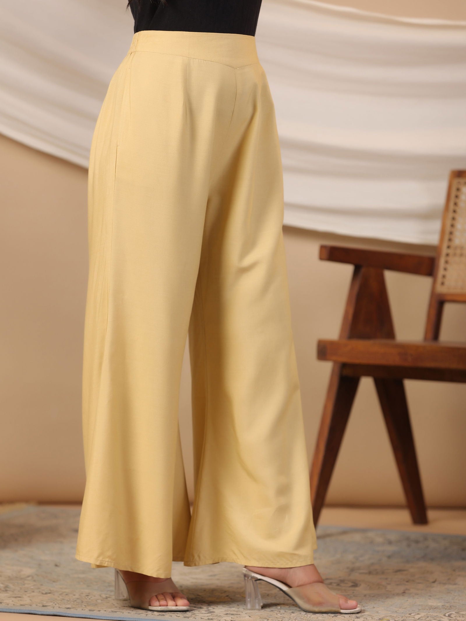 Juniper Beige Modal Rayon Women Partially Elasticated Bell Bottom Pants With Single Side Pocket 