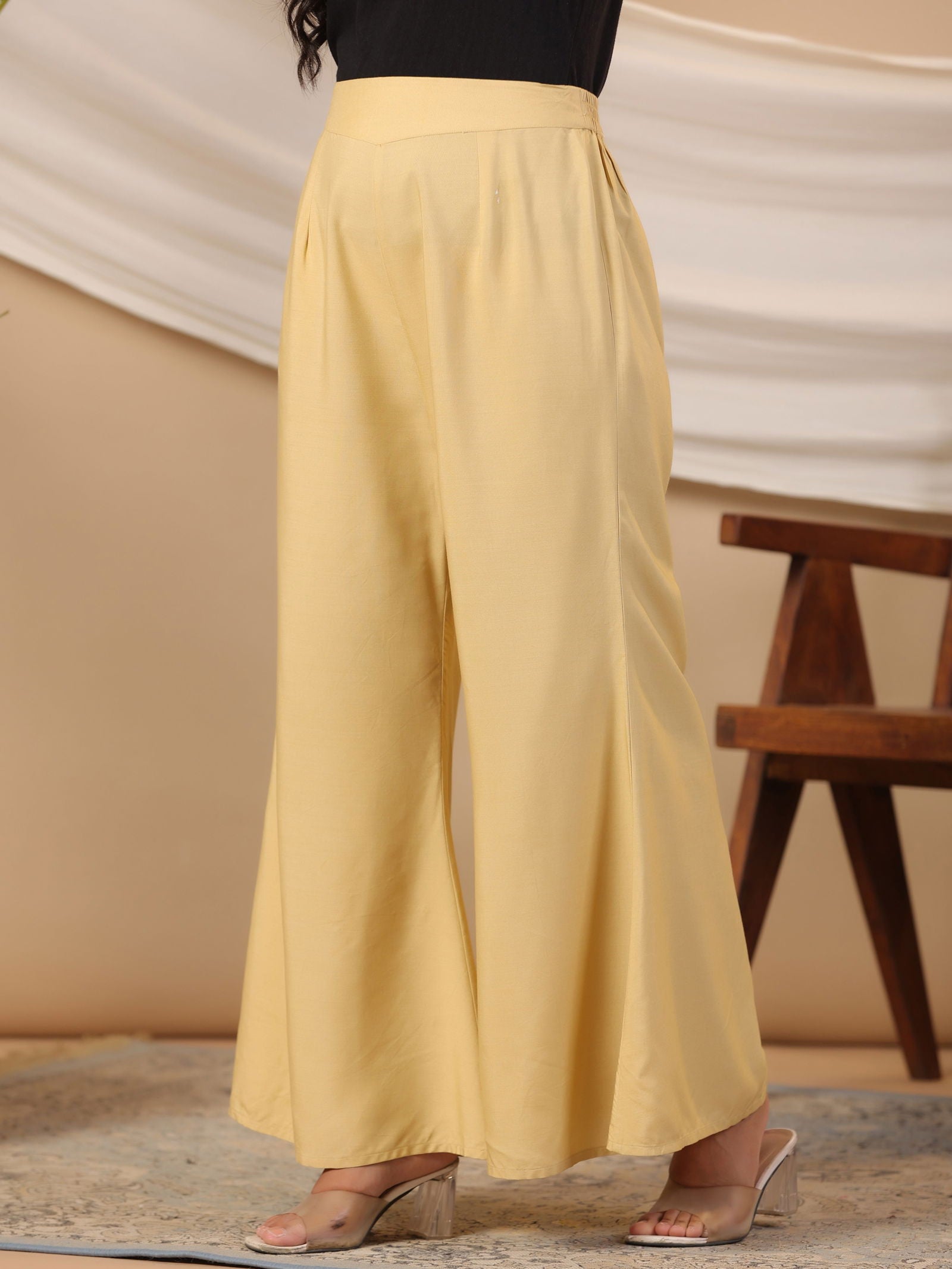 Juniper Beige Modal Rayon Women Partially Elasticated Bell Bottom Pants With Single Side Pocket 