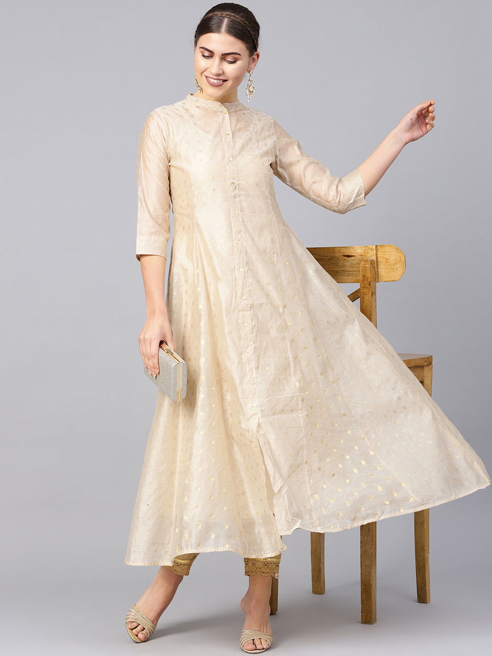 Juniper Beige Polka Dot Printed Chanderi Kalidar Women Kurta 