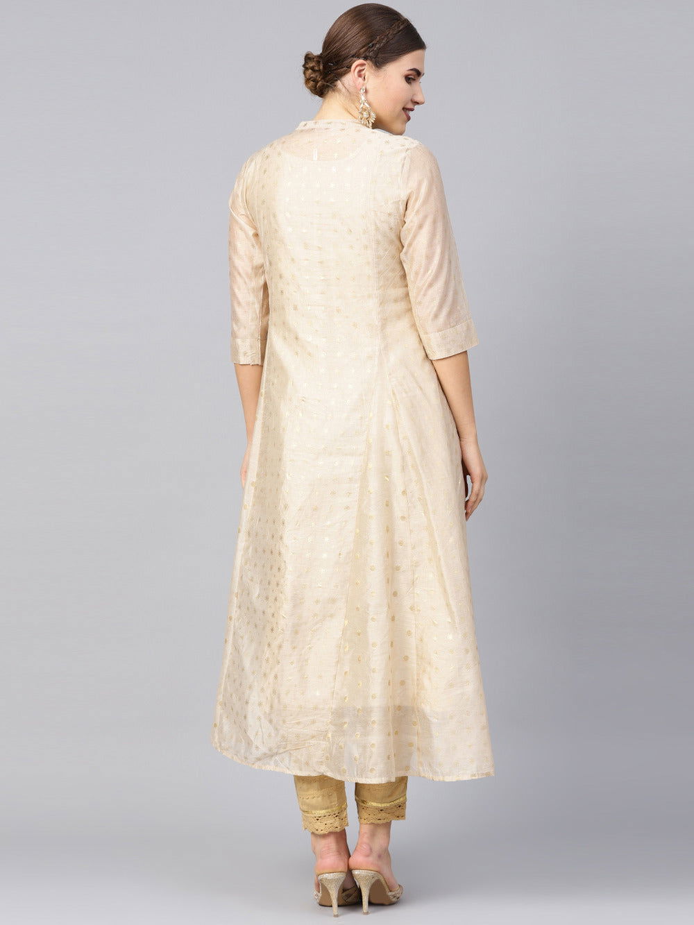Juniper Beige Polka Dot Printed Chanderi Kalidar Women Kurta 
