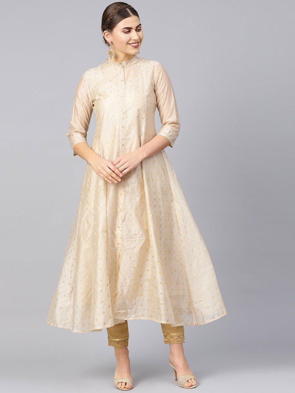 Juniper Beige Polka Dot Printed Chanderi Kalidar Women Kurta 