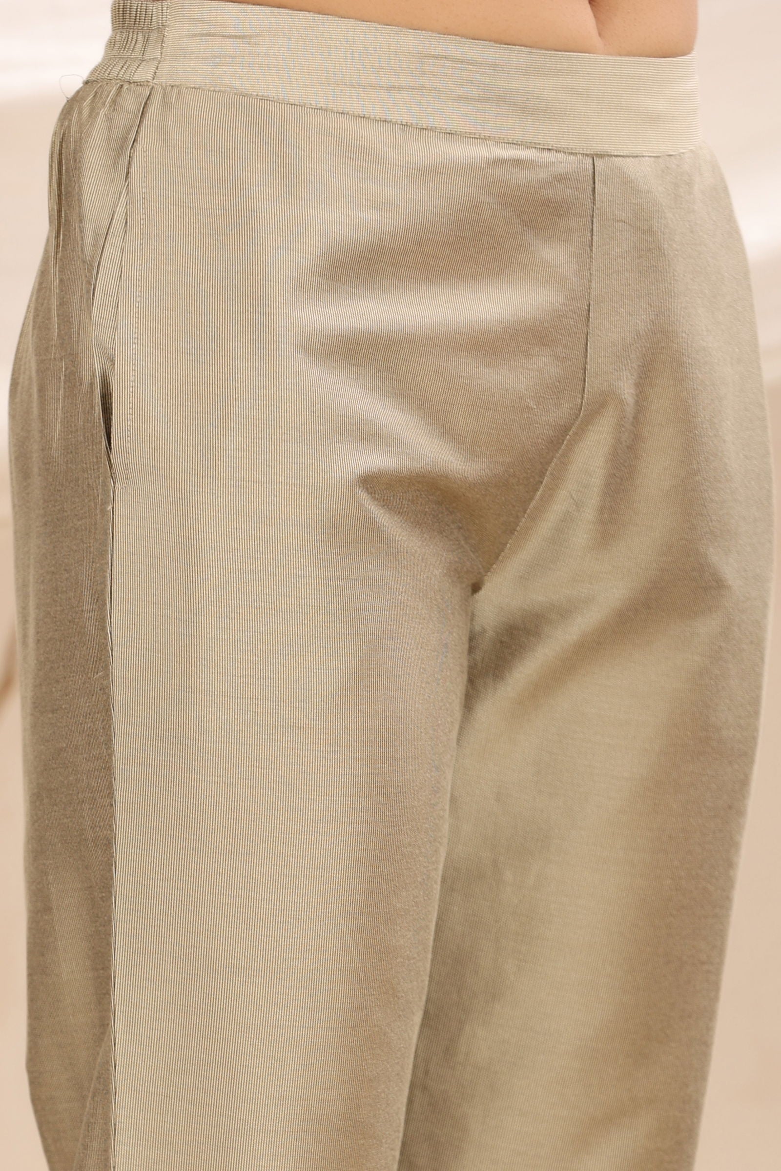 Juniper Beige Solid Silk Slim Fit Pants With a Pocket 