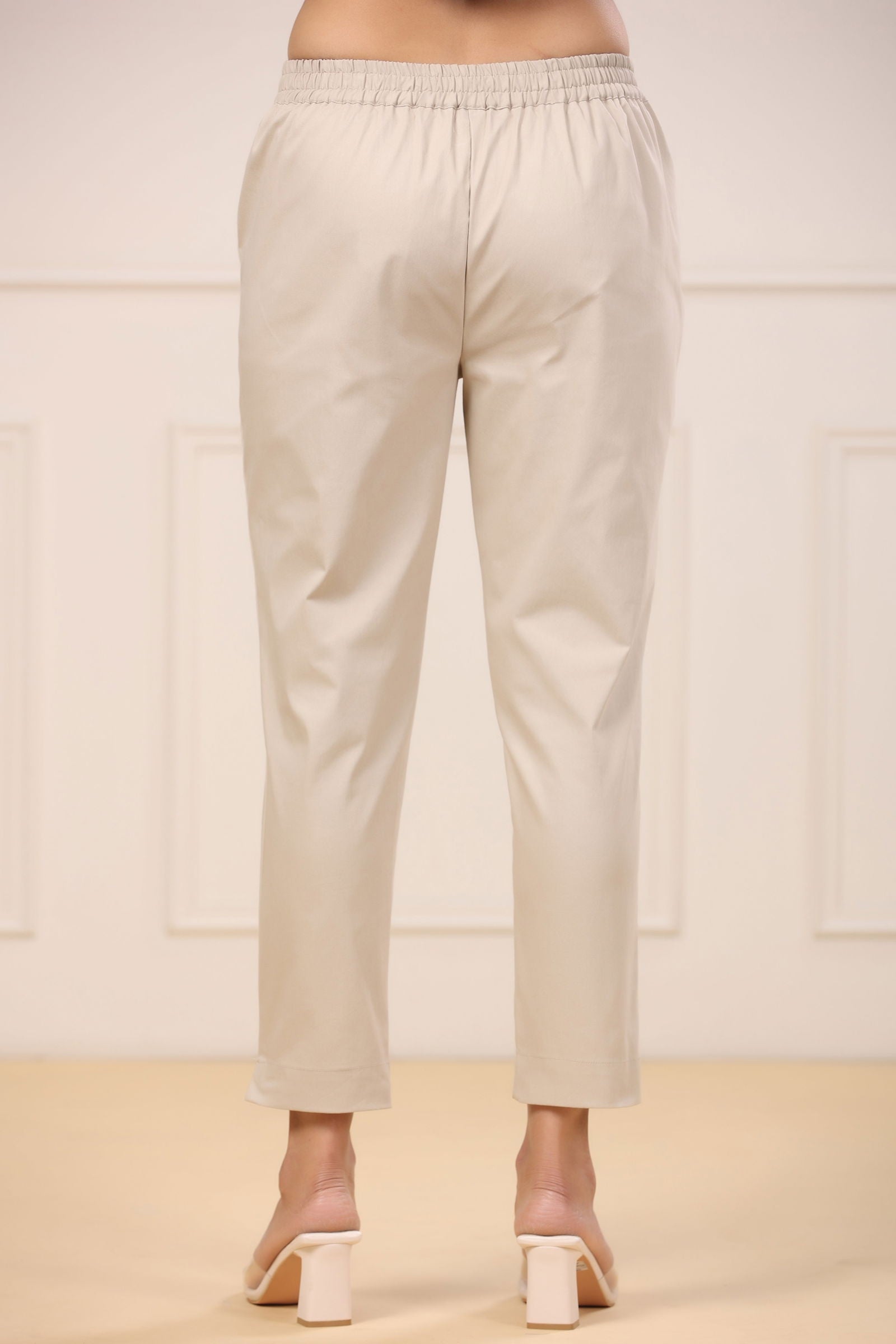 Juniper Beige Spendex Solid Slim Fit Pants With Partially Elasticated Waistband 
