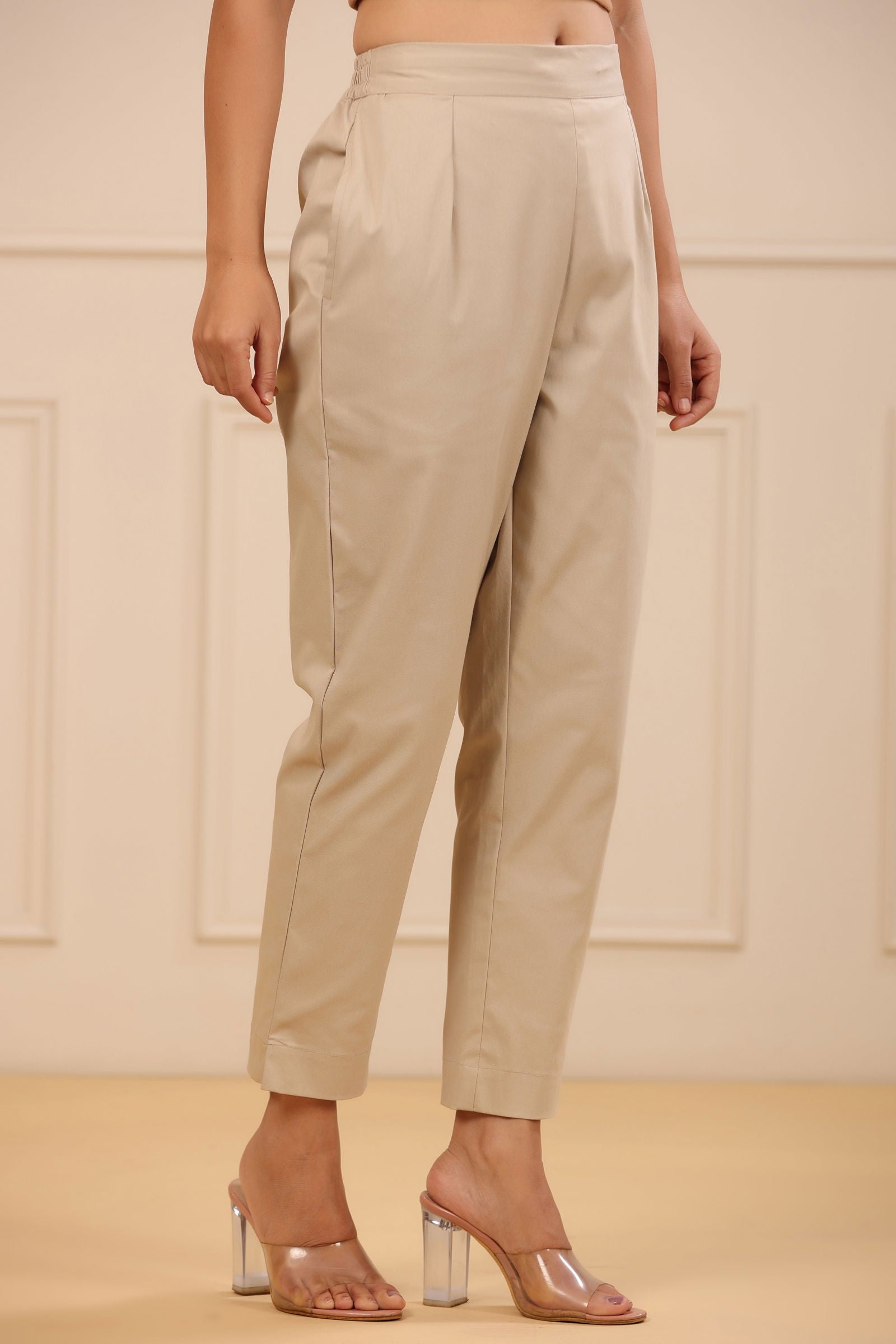 Juniper Beige Spendex Solid Slim Fit Pants With Partially Elasticated Waistband 