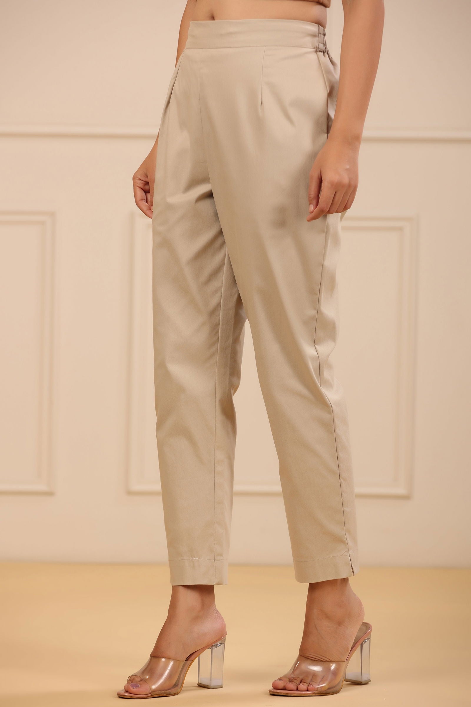 Juniper Beige Spendex Solid Slim Fit Pants With Partially Elasticated Waistband 