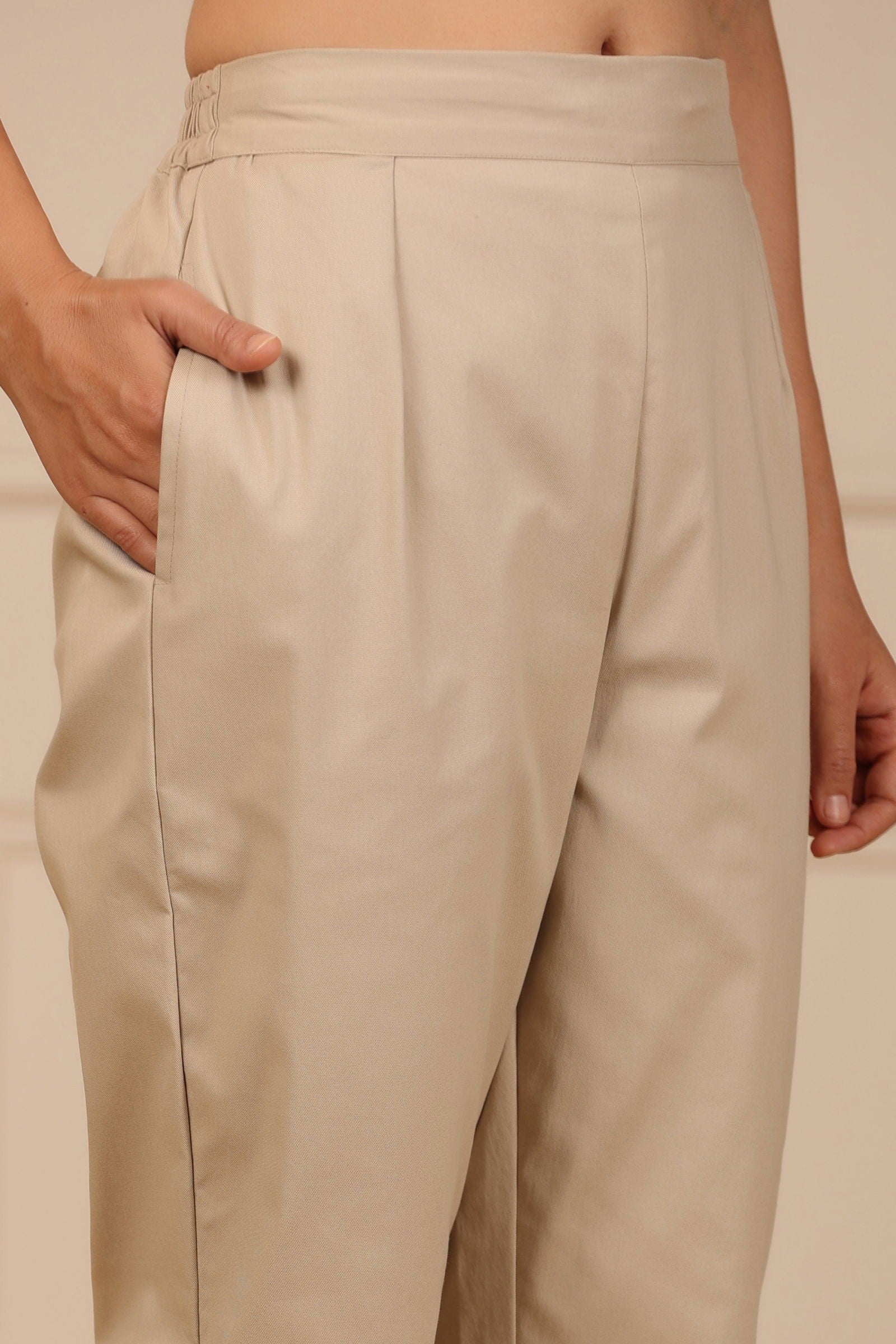 Juniper Beige Spendex Solid Slim Fit Pants With Partially Elasticated Waistband 