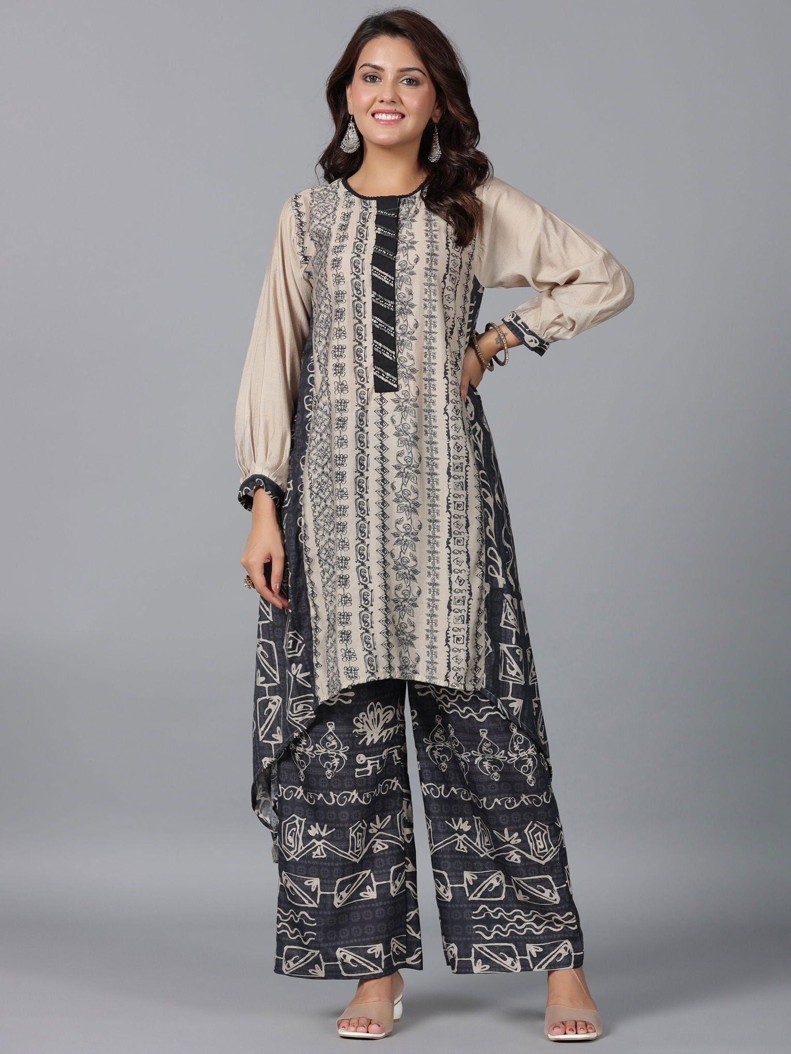 Juniper  Beige Tribal Printed Muslin Kurta & Pants Set With Beads Work 
