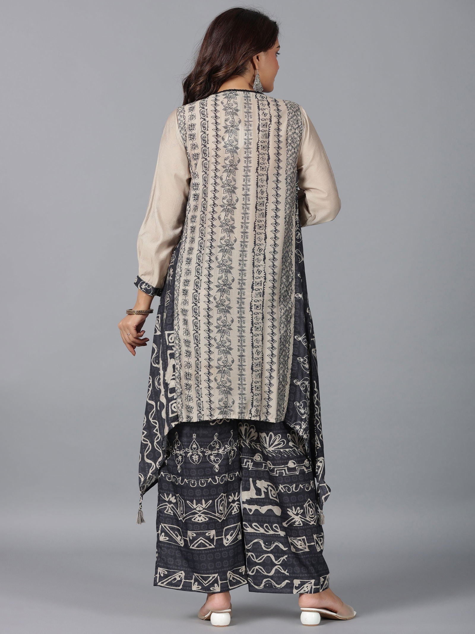 Juniper  Beige Tribal Printed Muslin Kurta & Pants Set With Beads Work 