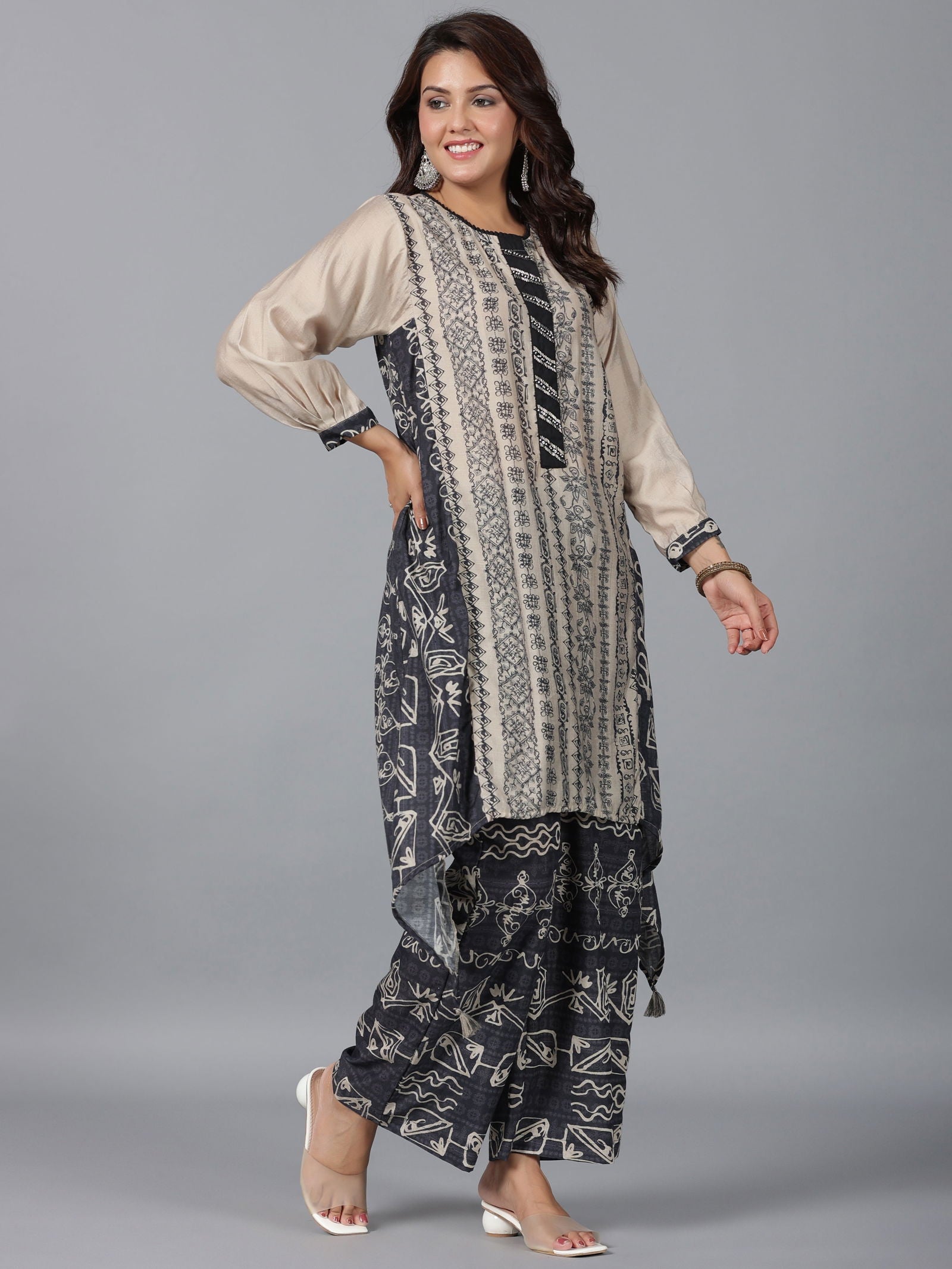 Juniper  Beige Tribal Printed Muslin Kurta & Pants Set With Beads Work 