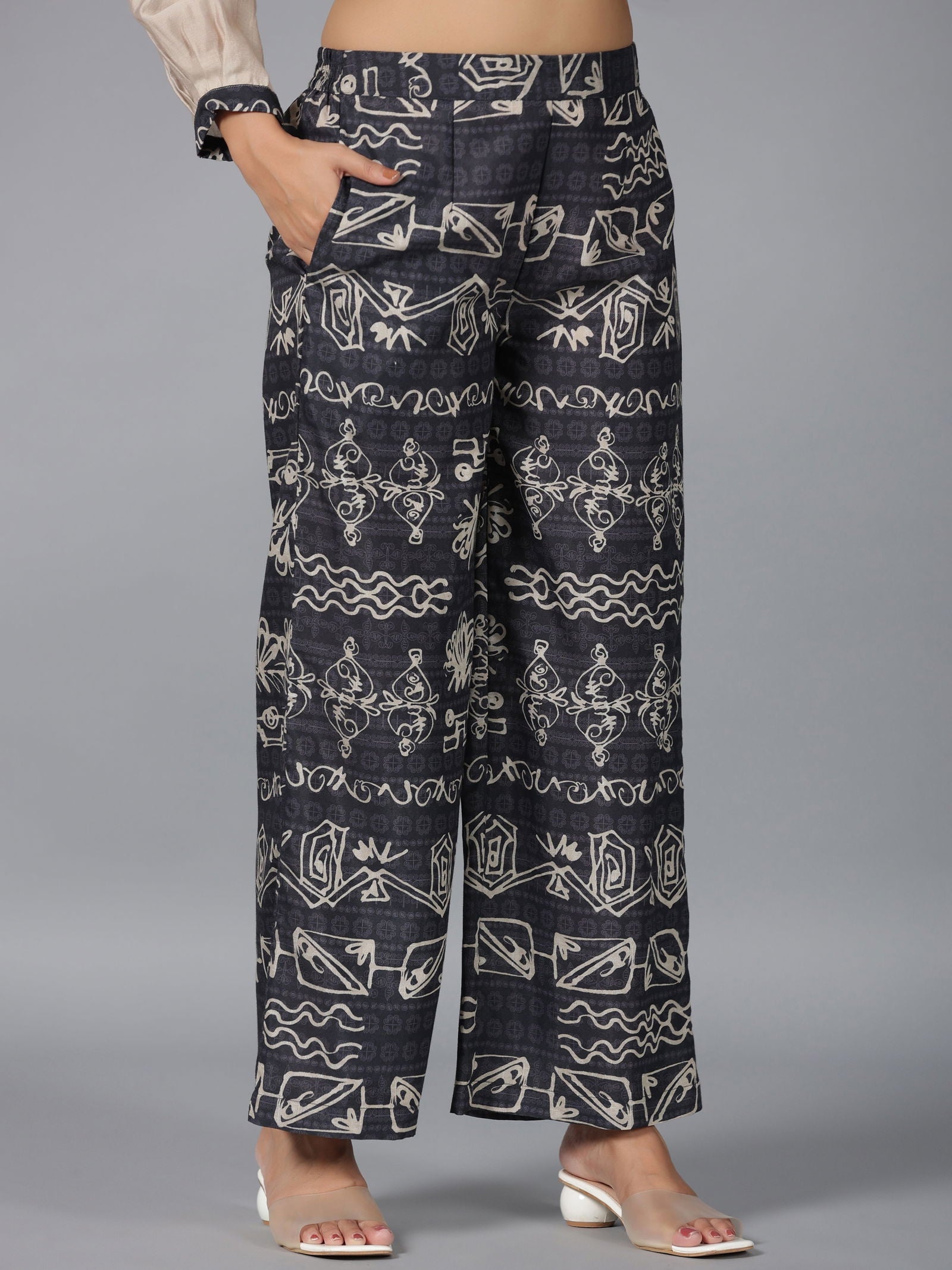 Juniper  Beige Tribal Printed Muslin Kurta & Pants Set With Beads Work 