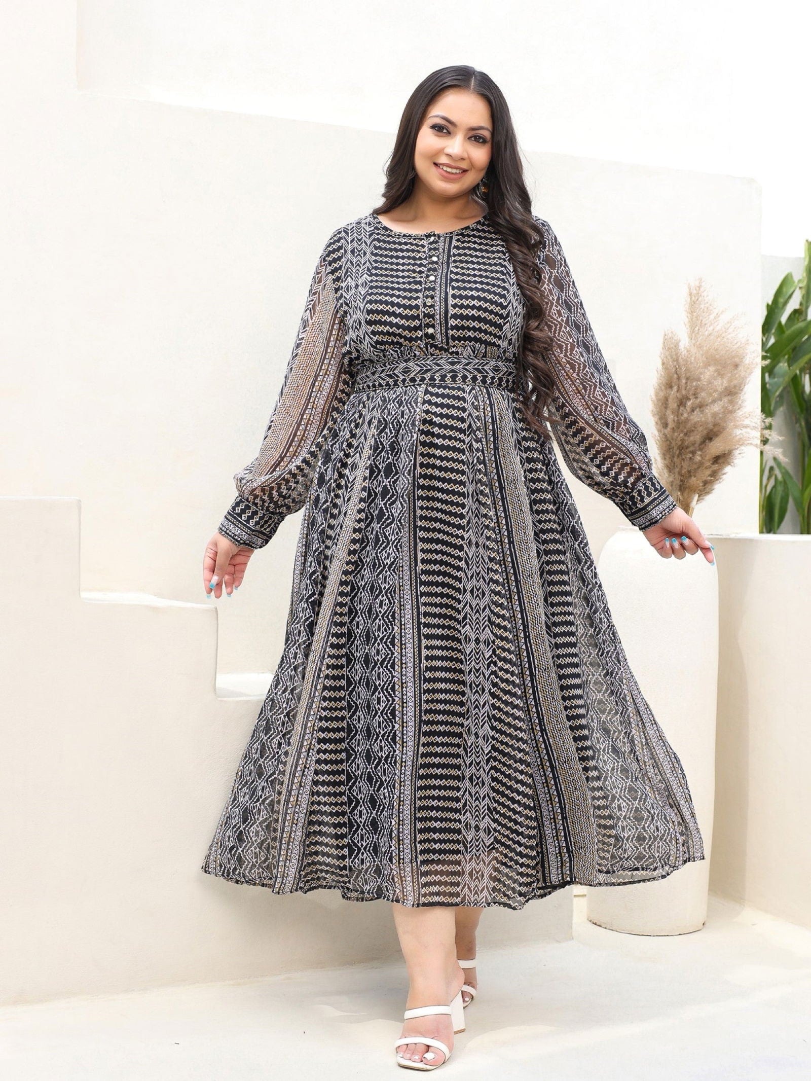 Juniper Black Abstract Printed Chiffon Flared Maxi Dress. 