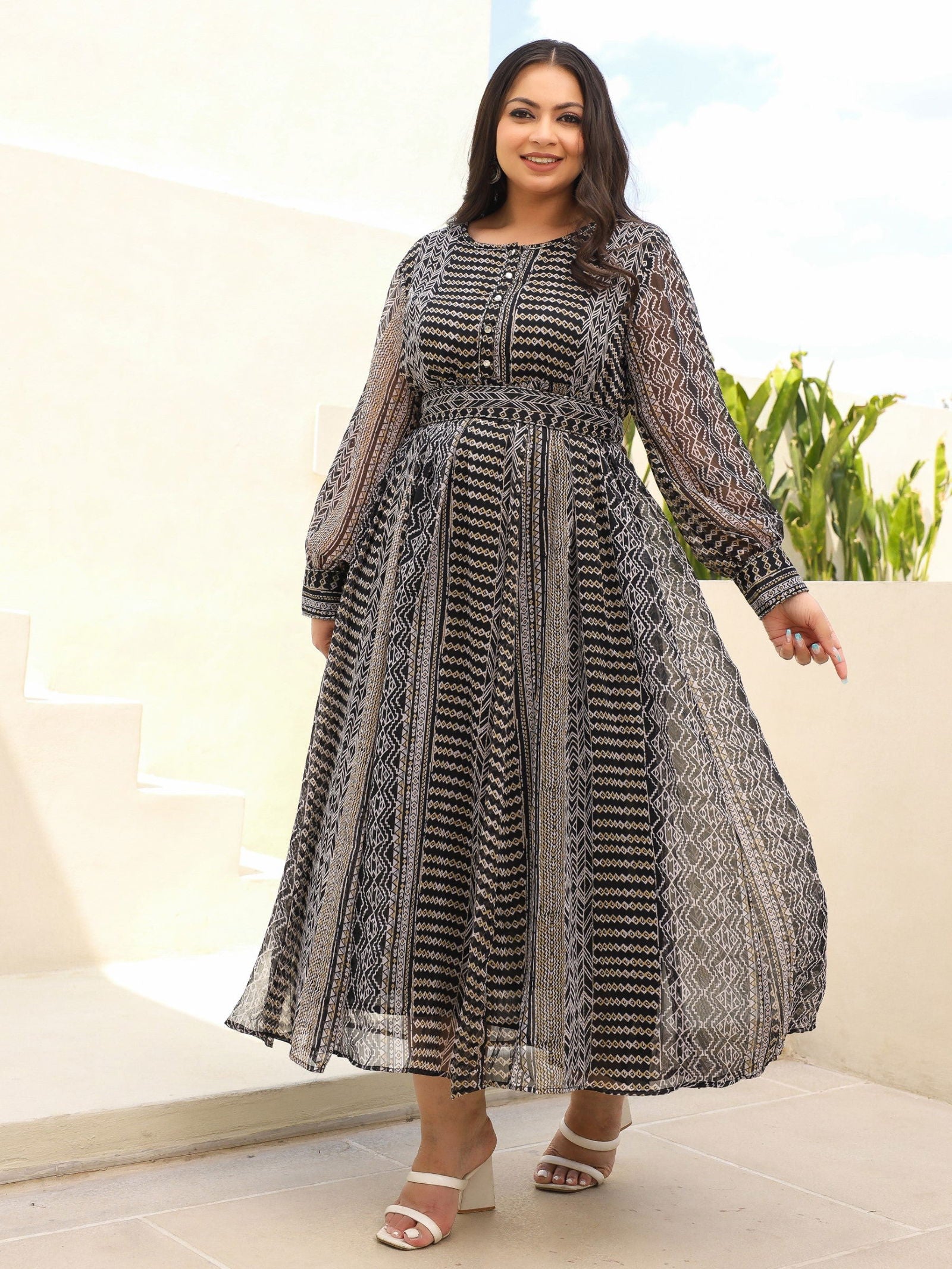 Juniper Black Abstract Printed Chiffon Flared Maxi Dress. 
