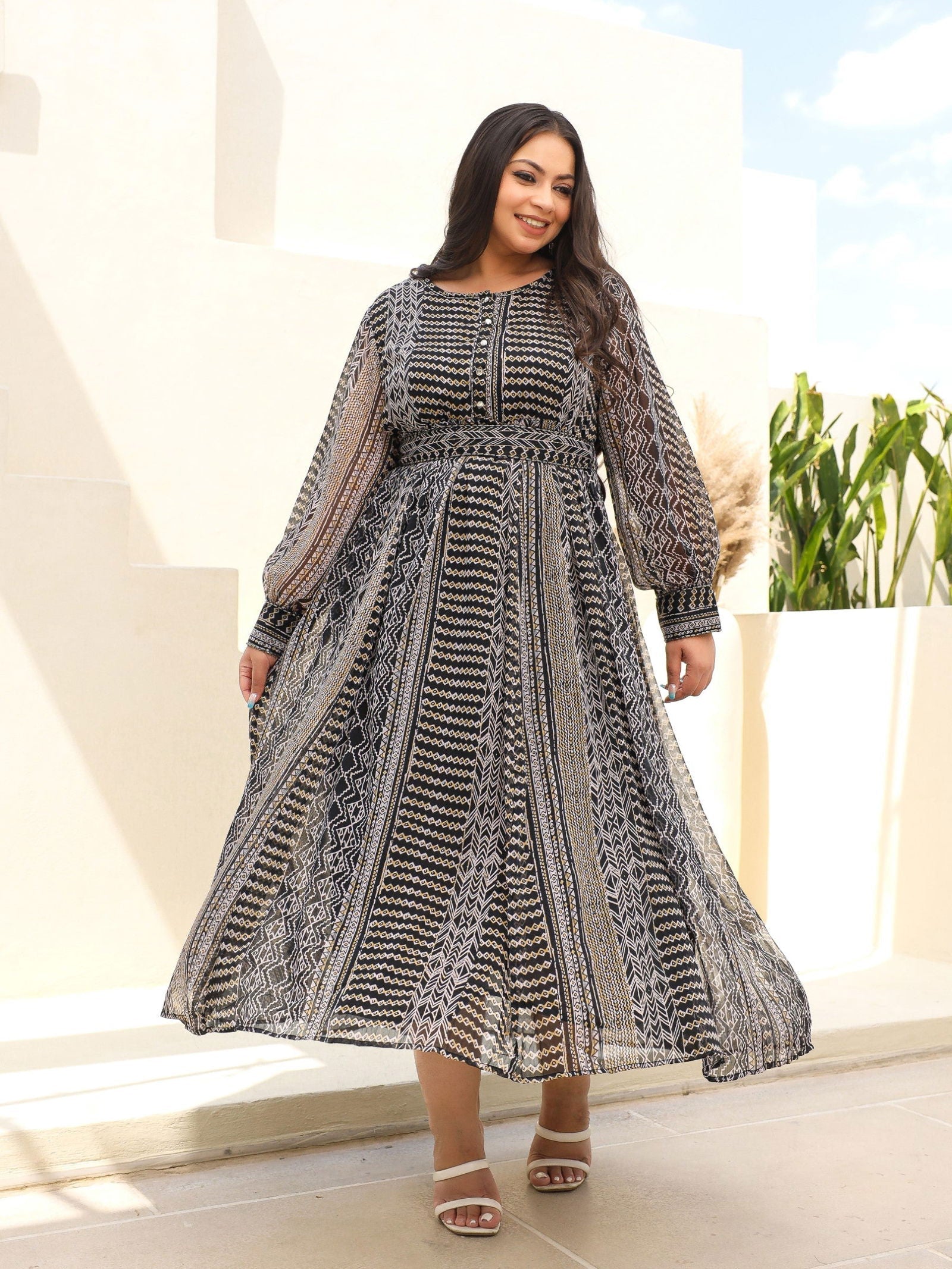 Juniper Black Abstract Printed Chiffon Flared Maxi Dress. 