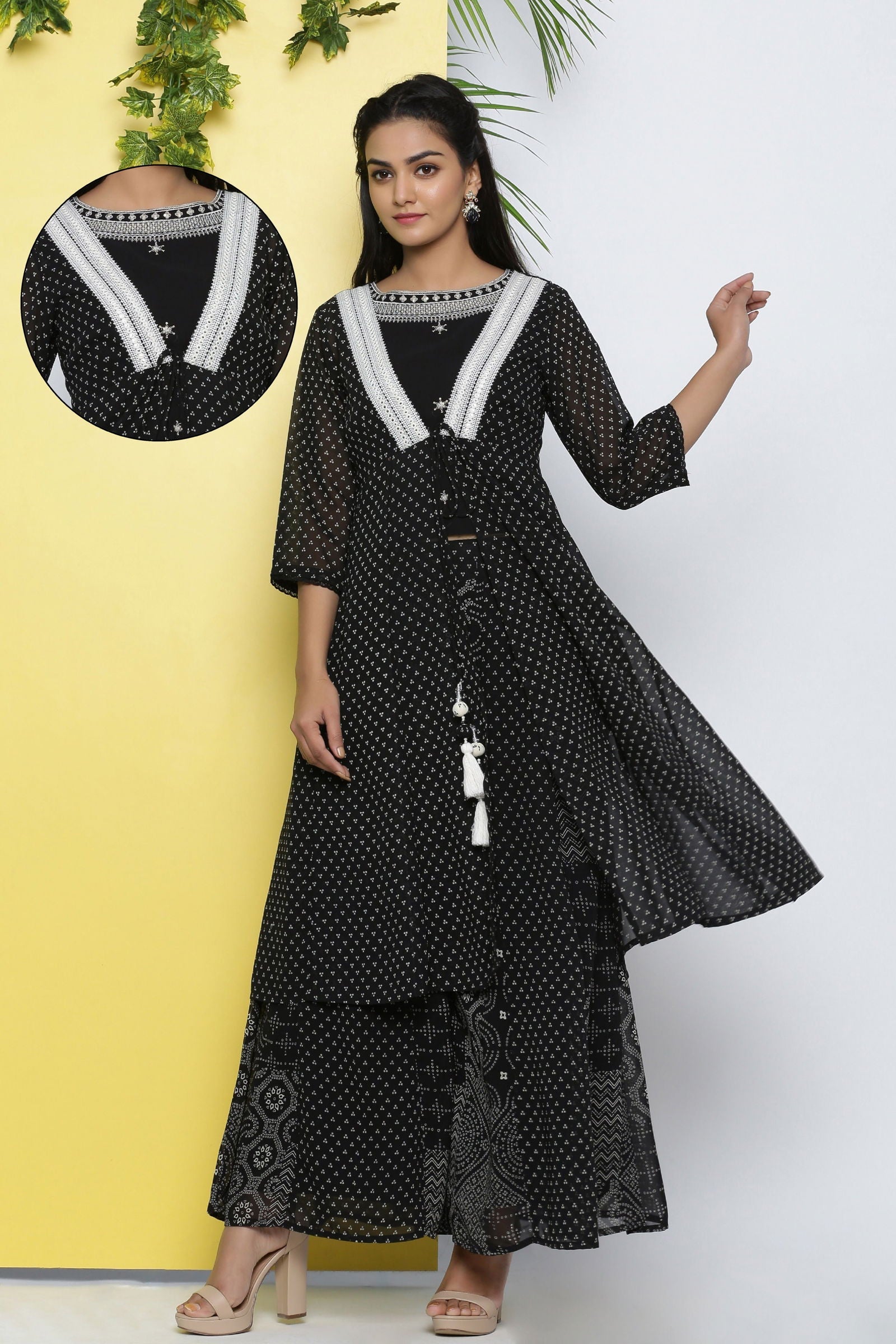 Juniper Black Bandhani Printed Georgette Shrug With Mirror Work & Lace 