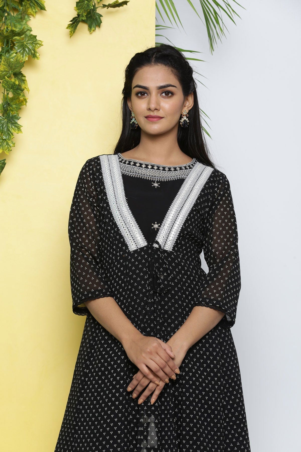 Juniper Black Bandhani Printed Georgette Shrug With Mirror Work & Lace 