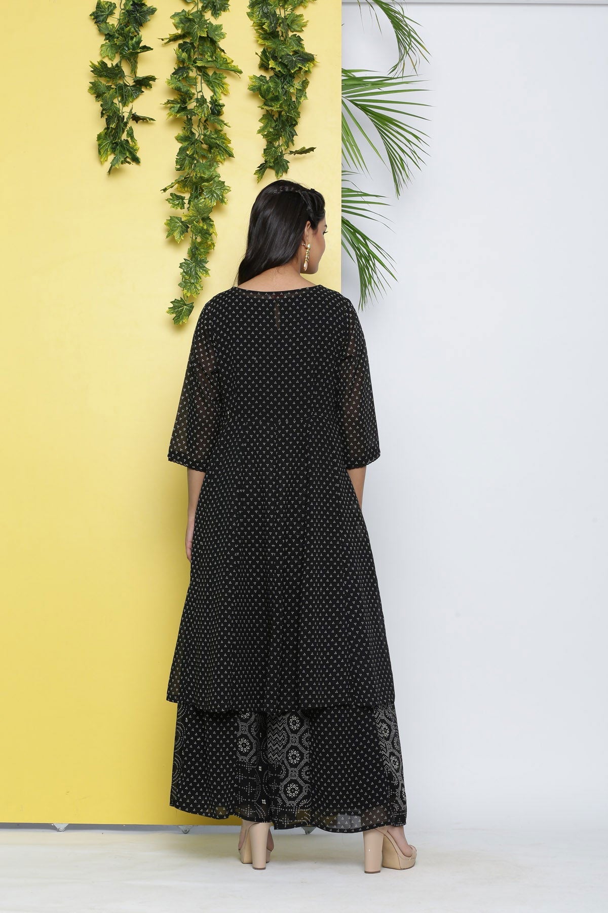 Juniper Black Bandhani Printed Georgette Shrug With Mirror Work & Lace 
