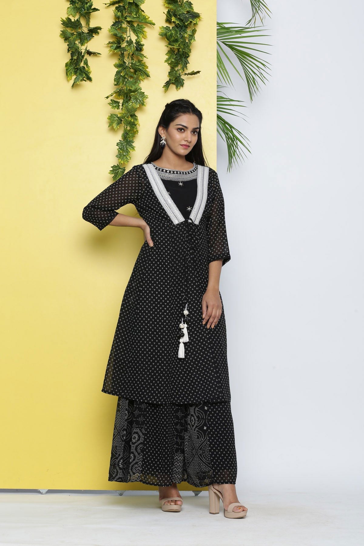 Juniper Black Bandhani Printed Georgette Shrug With Mirror Work & Lace 
