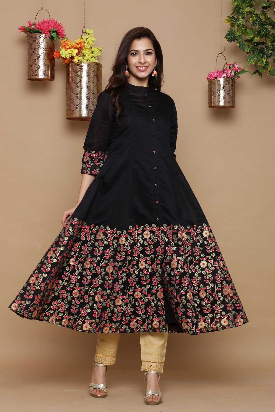 Juniper Black Chanderi Floral Printed Anarkali Women Kurta With Buttons 