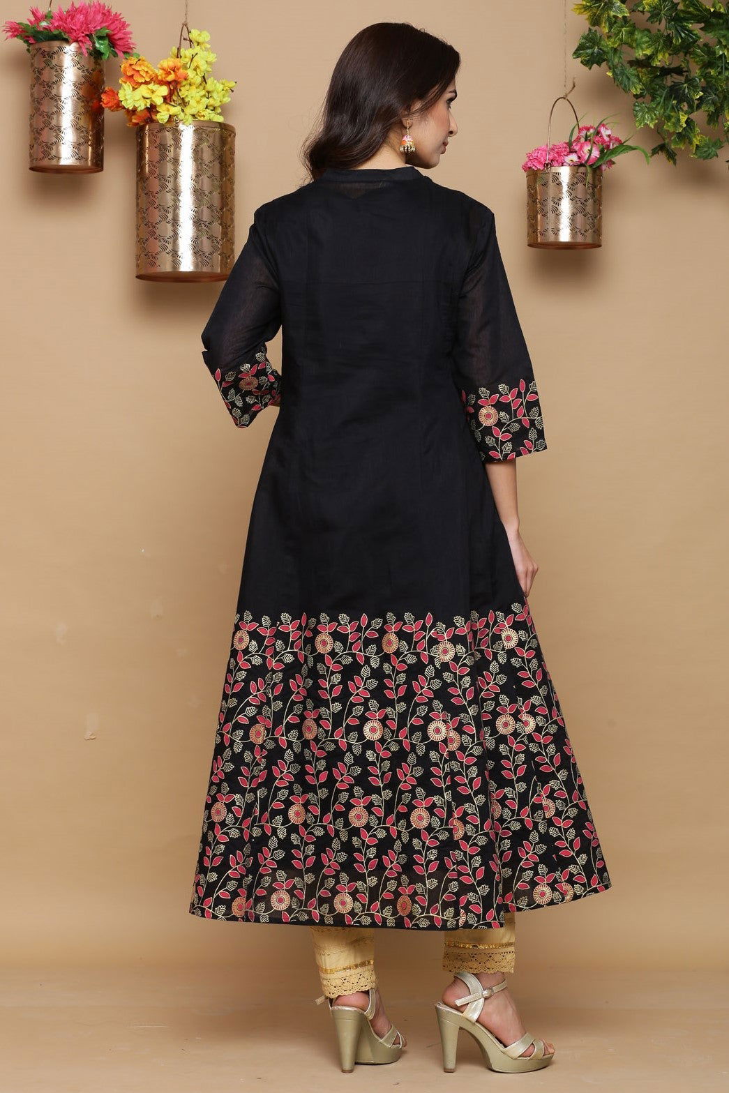Juniper Black Chanderi Floral Printed Anarkali Women Kurta With Buttons 