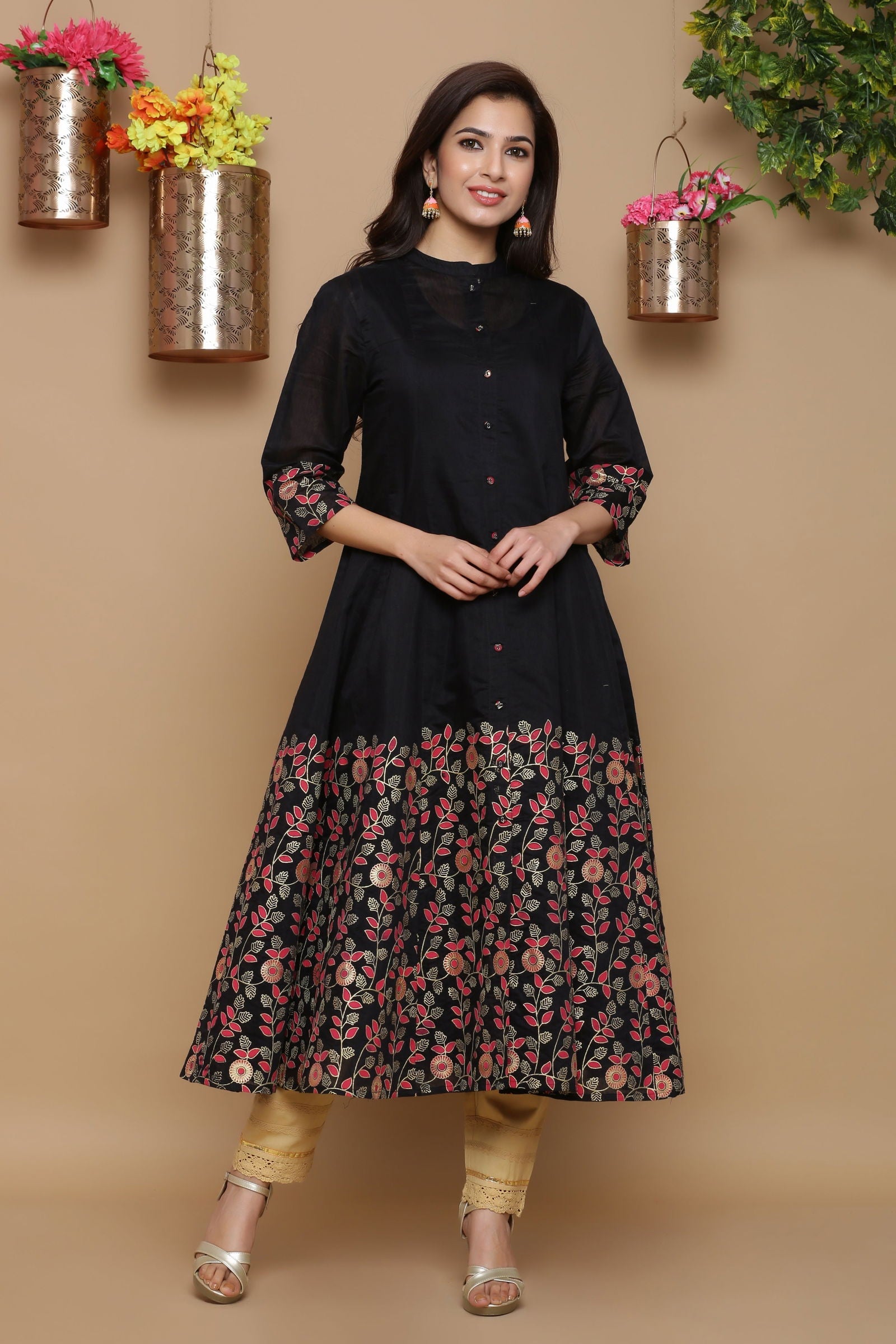 Juniper Black Chanderi Floral Printed Anarkali Women Kurta With Buttons 