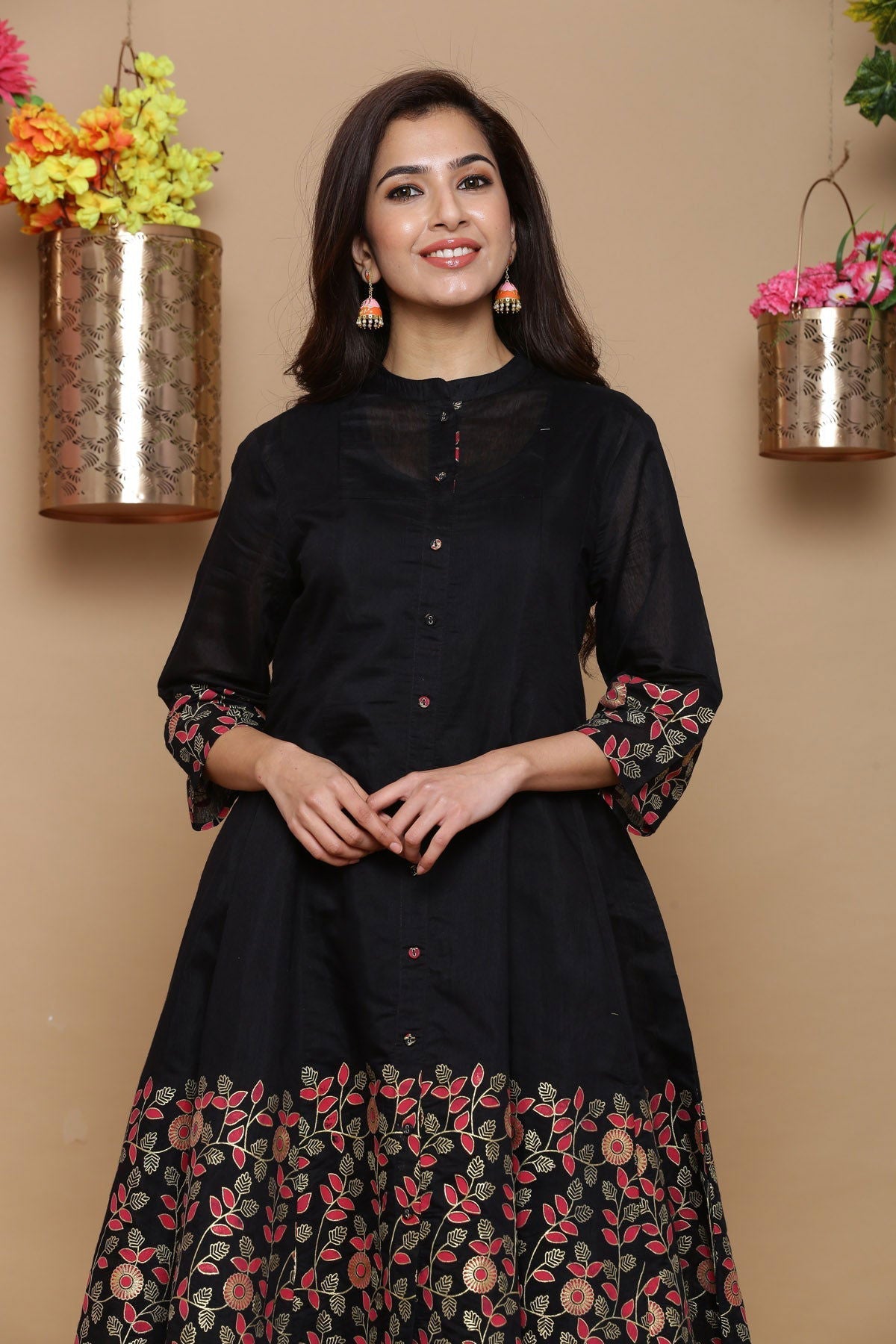 Juniper Black Chanderi Floral Printed Anarkali Women Kurta With Buttons 