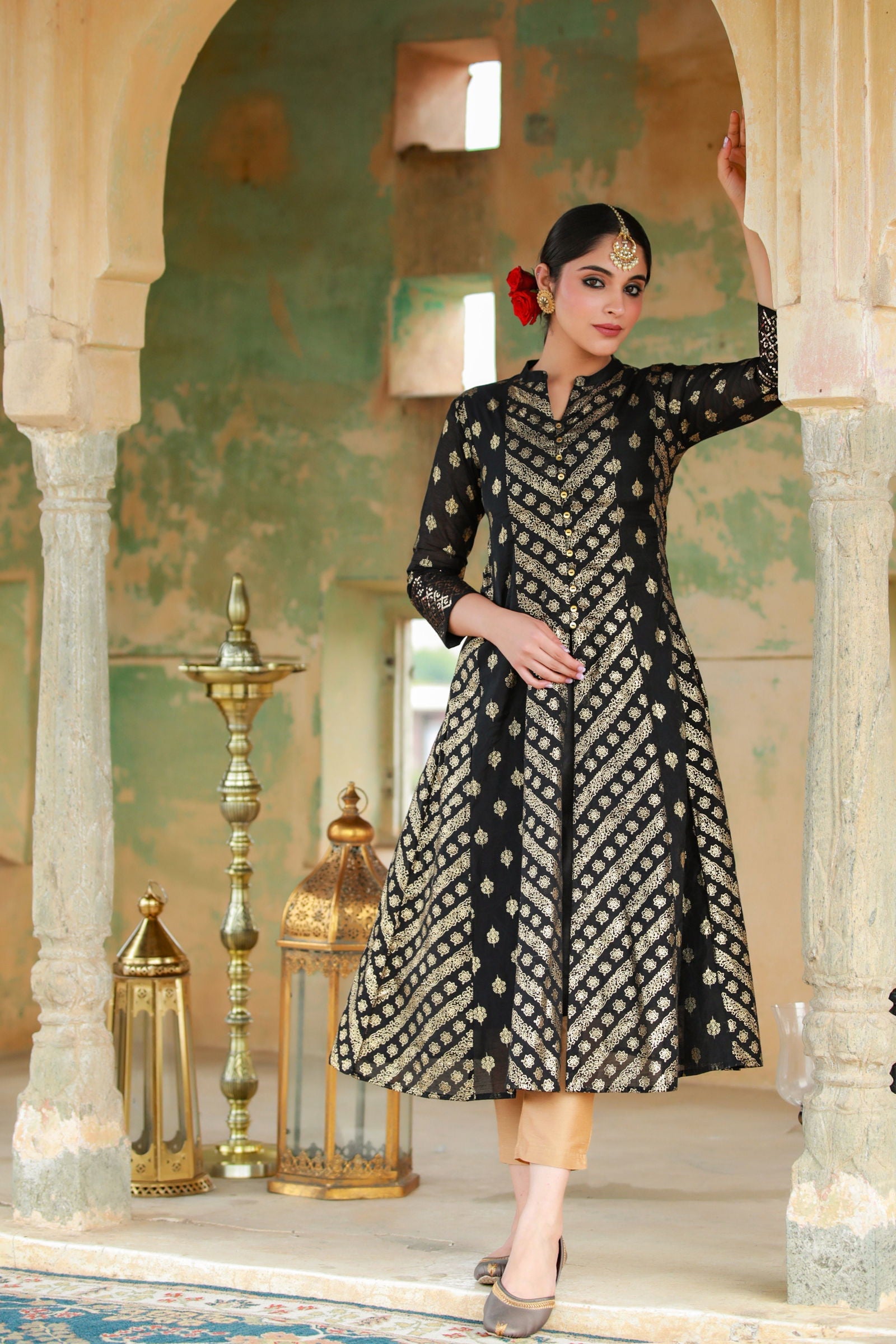 Juniper Black Chanderi Silk Printed Anarkali Kurta with Inner 