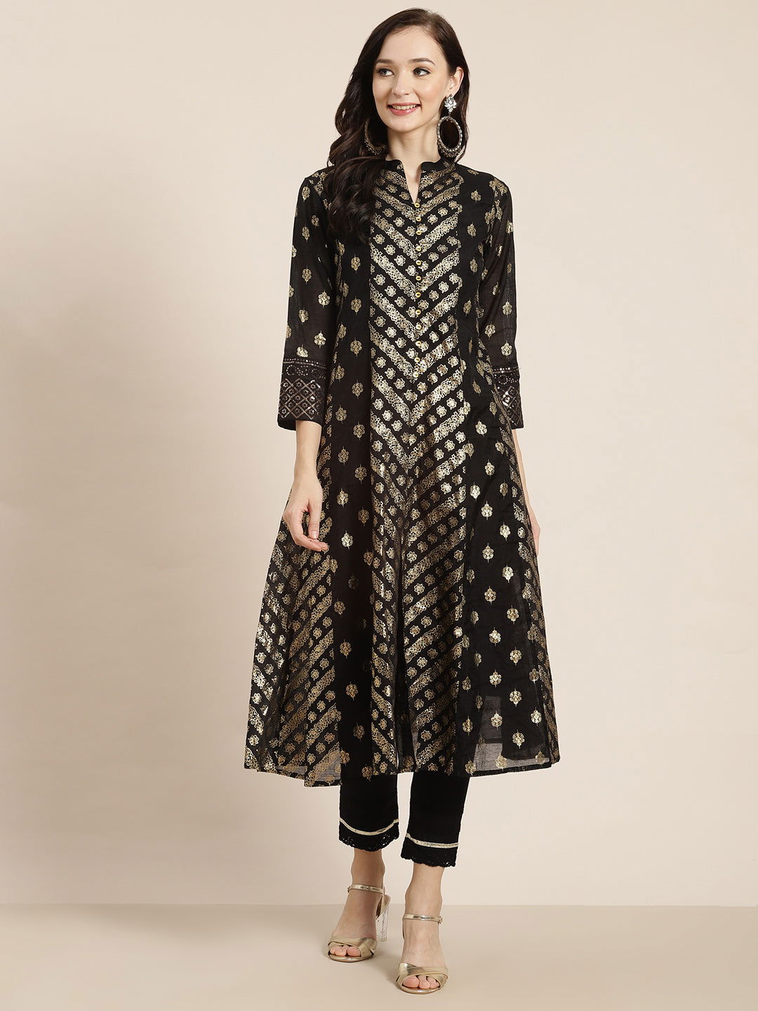 Juniper Black Chanderi Silk Printed Anarkali Kurta with Inner 