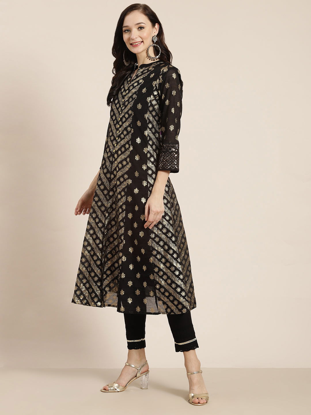 Juniper Black Chanderi Silk Printed Anarkali Kurta with Inner 