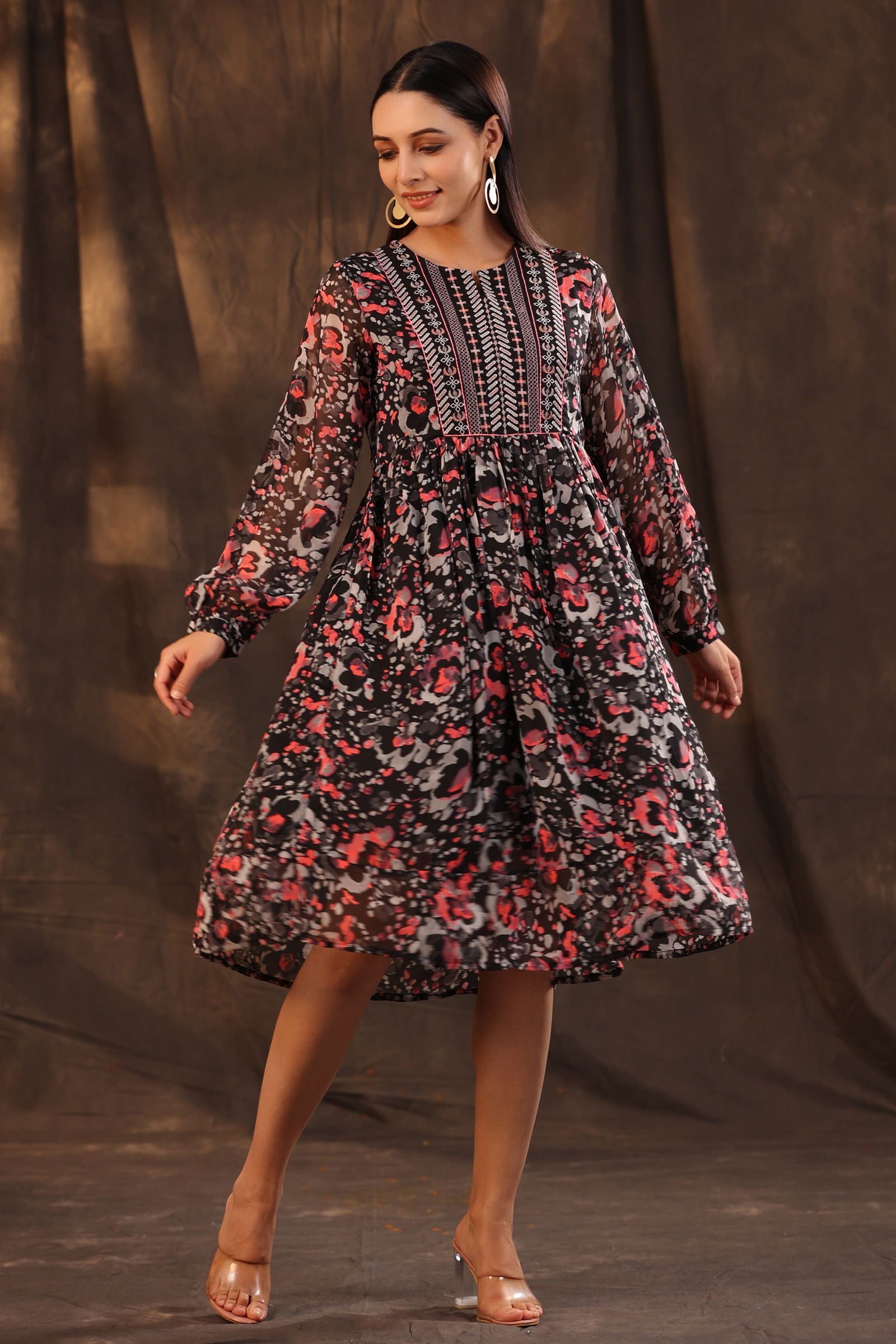 Juniper Black Chiffon Abstract Printed Flared Midi Dress. 