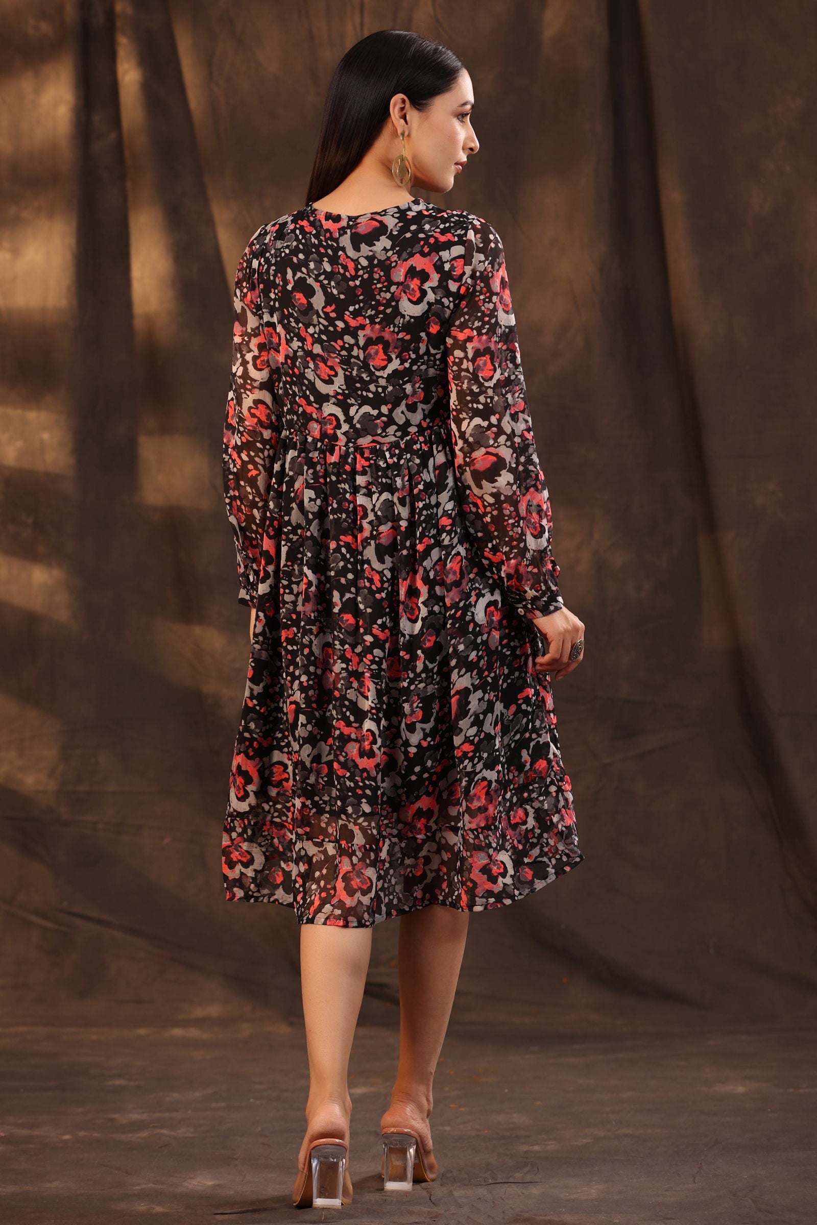 Juniper Black Chiffon Abstract Printed Flared Midi Dress. 