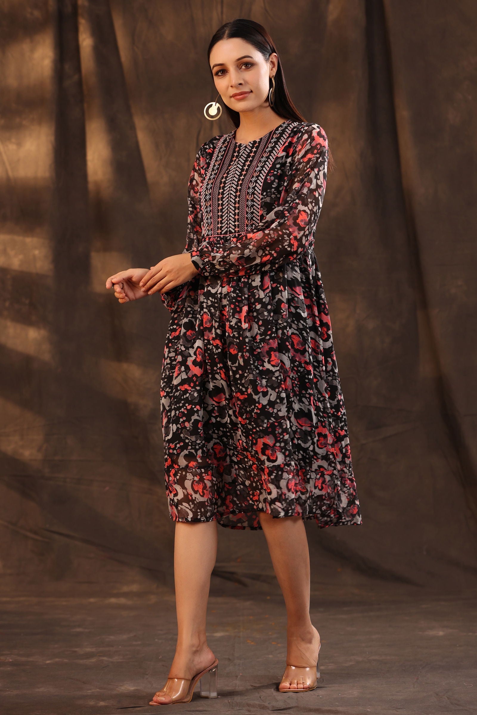 Juniper Black Chiffon Abstract Printed Flared Midi Dress. 