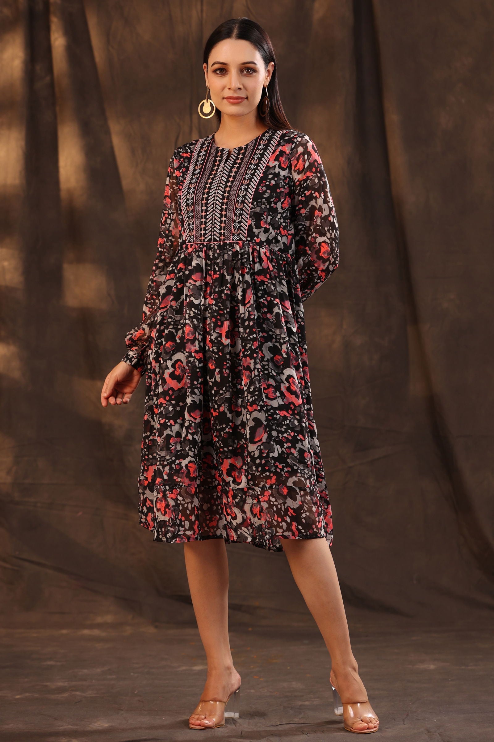 Juniper Black Chiffon Abstract Printed Flared Midi Dress. 