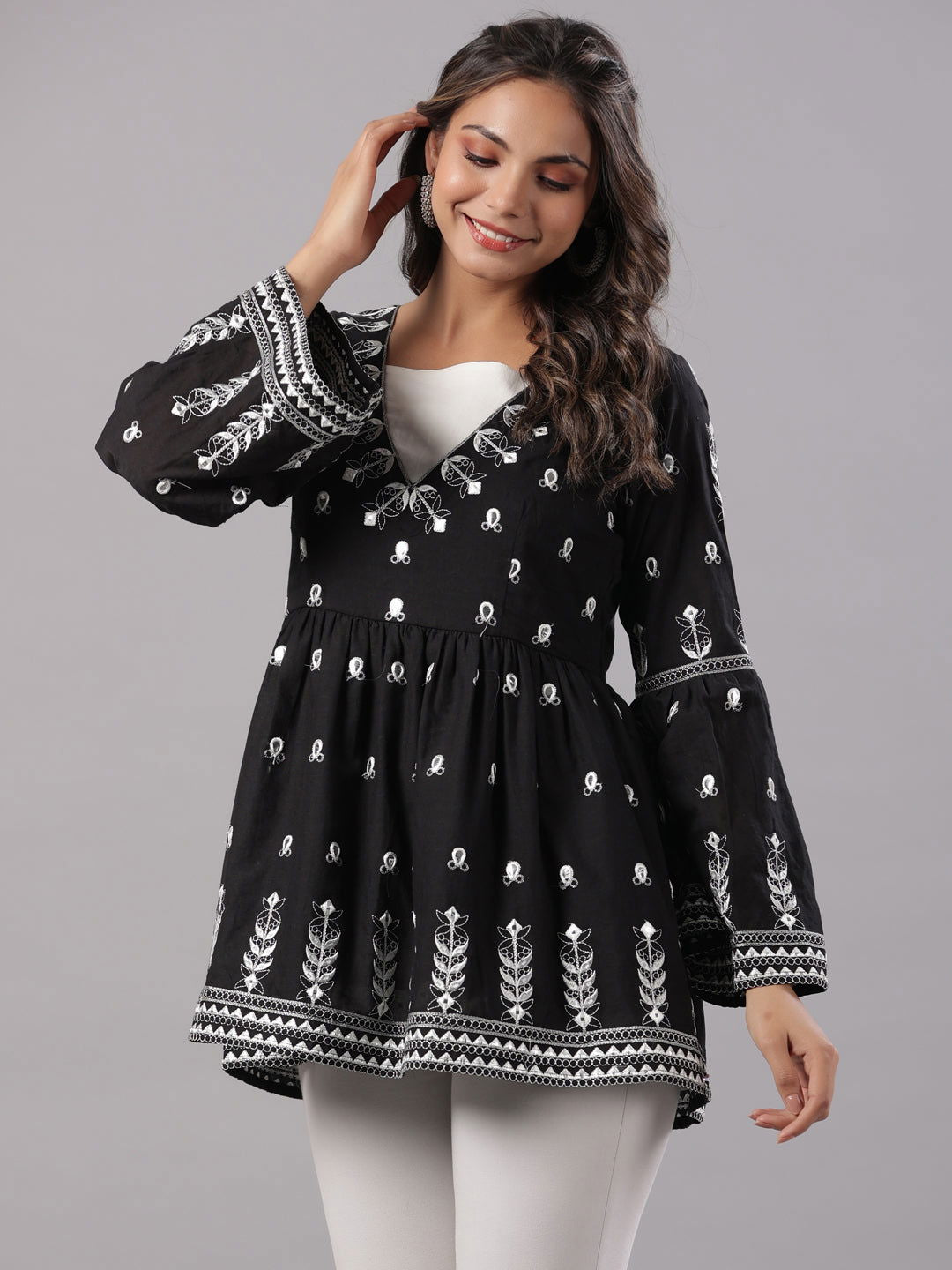 Juniper Black Cotton Dobby Peplum Tunic With Thread & Mirror Embroidery 