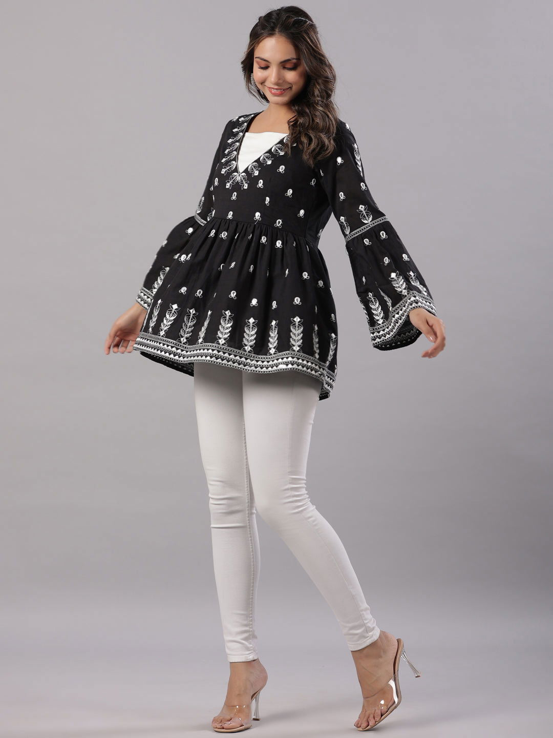 Juniper Black Cotton Dobby Peplum Tunic With Thread & Mirror Embroidery 
